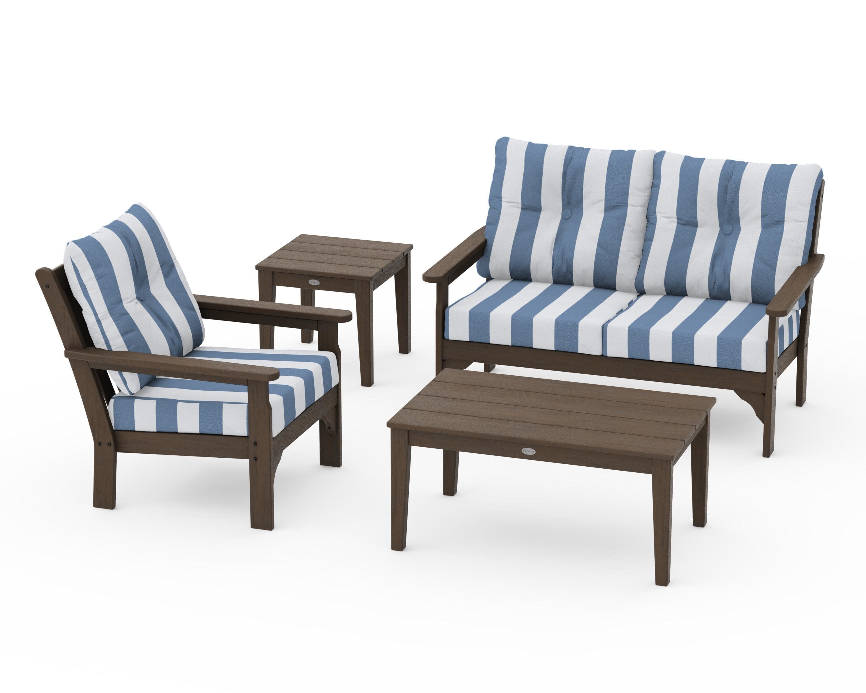 Vineyard 4-Piece Deep Seating Set in Kona / Cabana Stripe Sky Blue