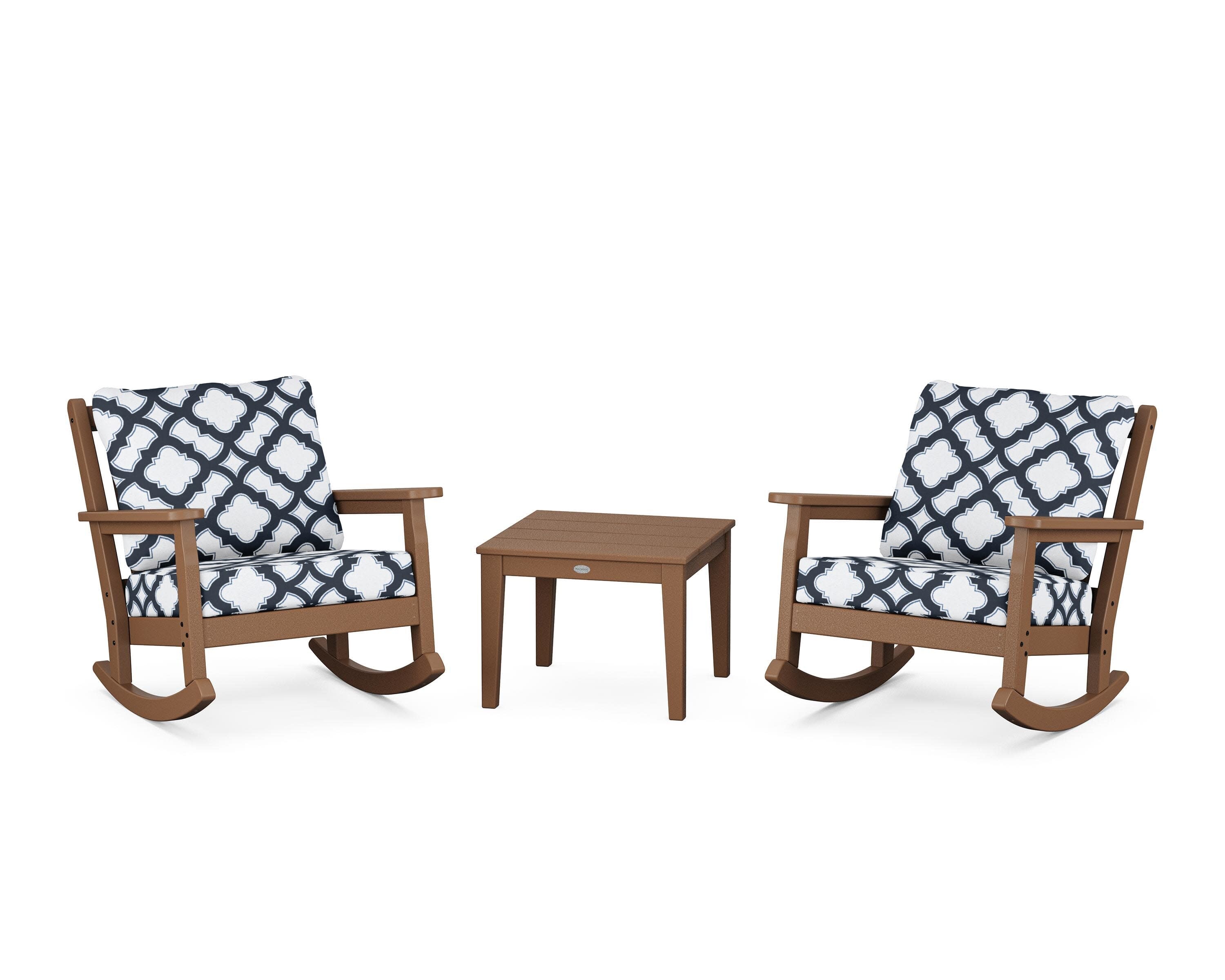 Chippendale 3-Piece Deep Seating Rocker Set in Teak / Trellis Marine Indigo