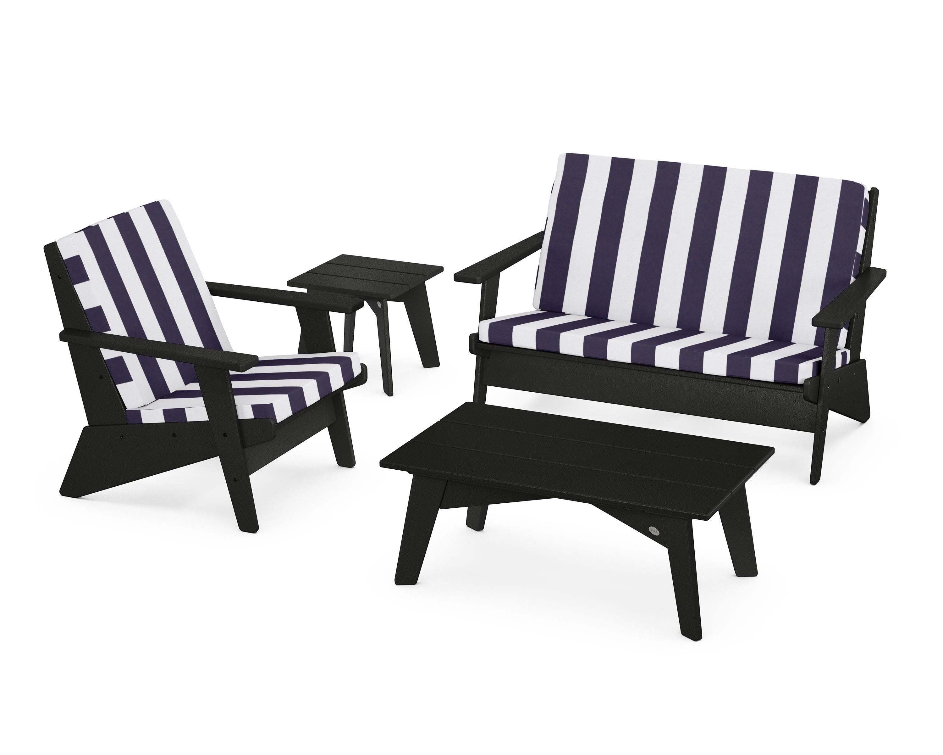 Riviera Modern Lounge 4-Piece Set in Black / Cabana Stripe Navy
