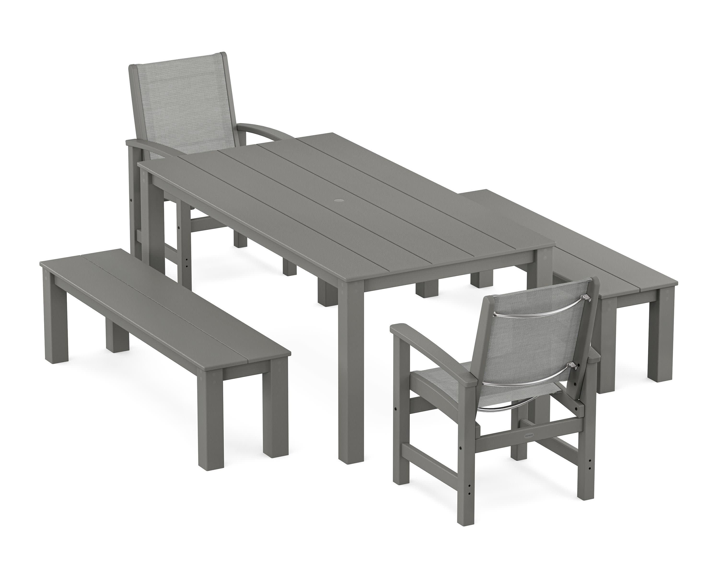 Coastal 5-Piece Parsons Dining Set with Benches in Slate Grey / Metallic Sling