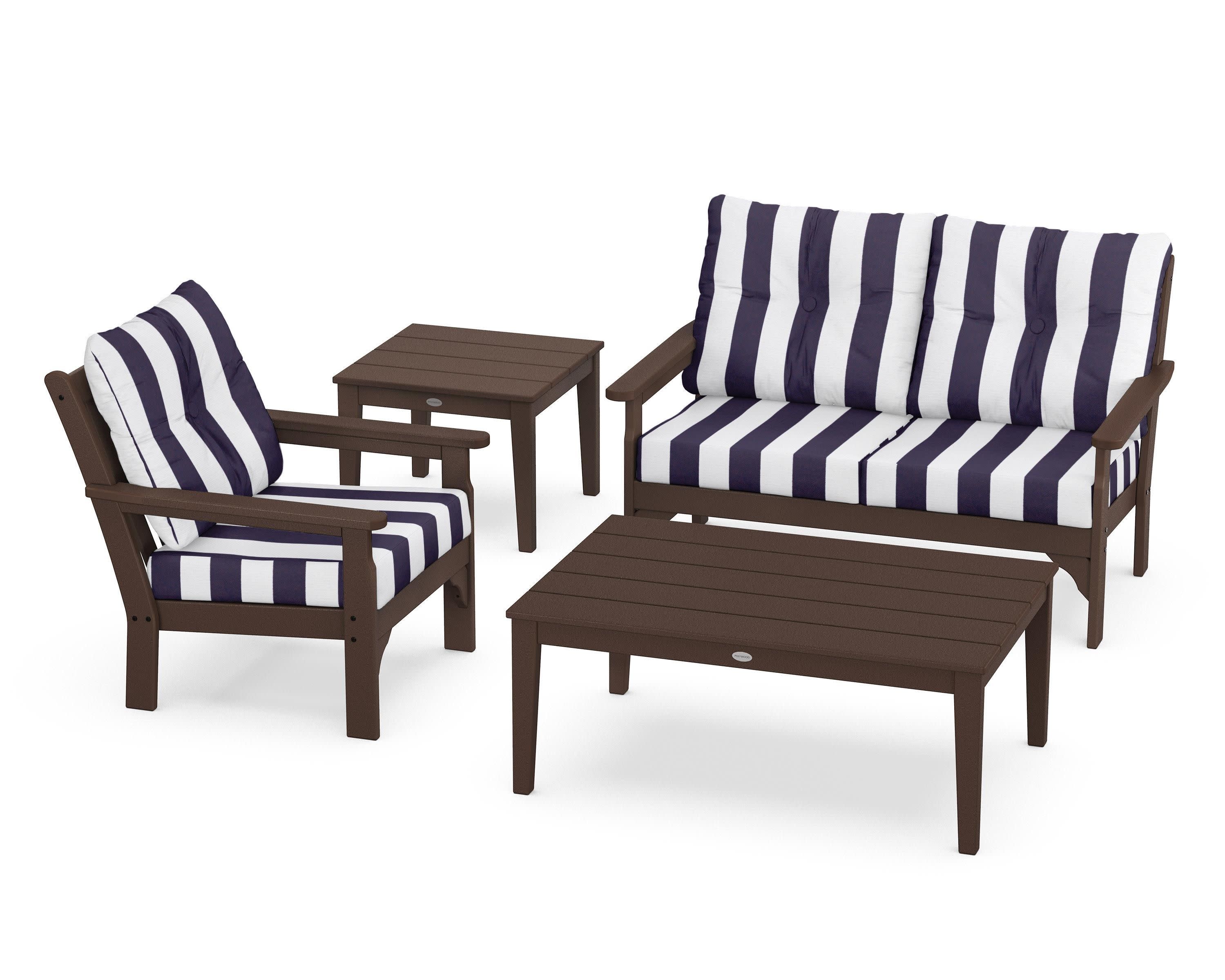 Vineyard 4-Piece Deep Seating Set in Mahogany / Cabana Stripe Navy