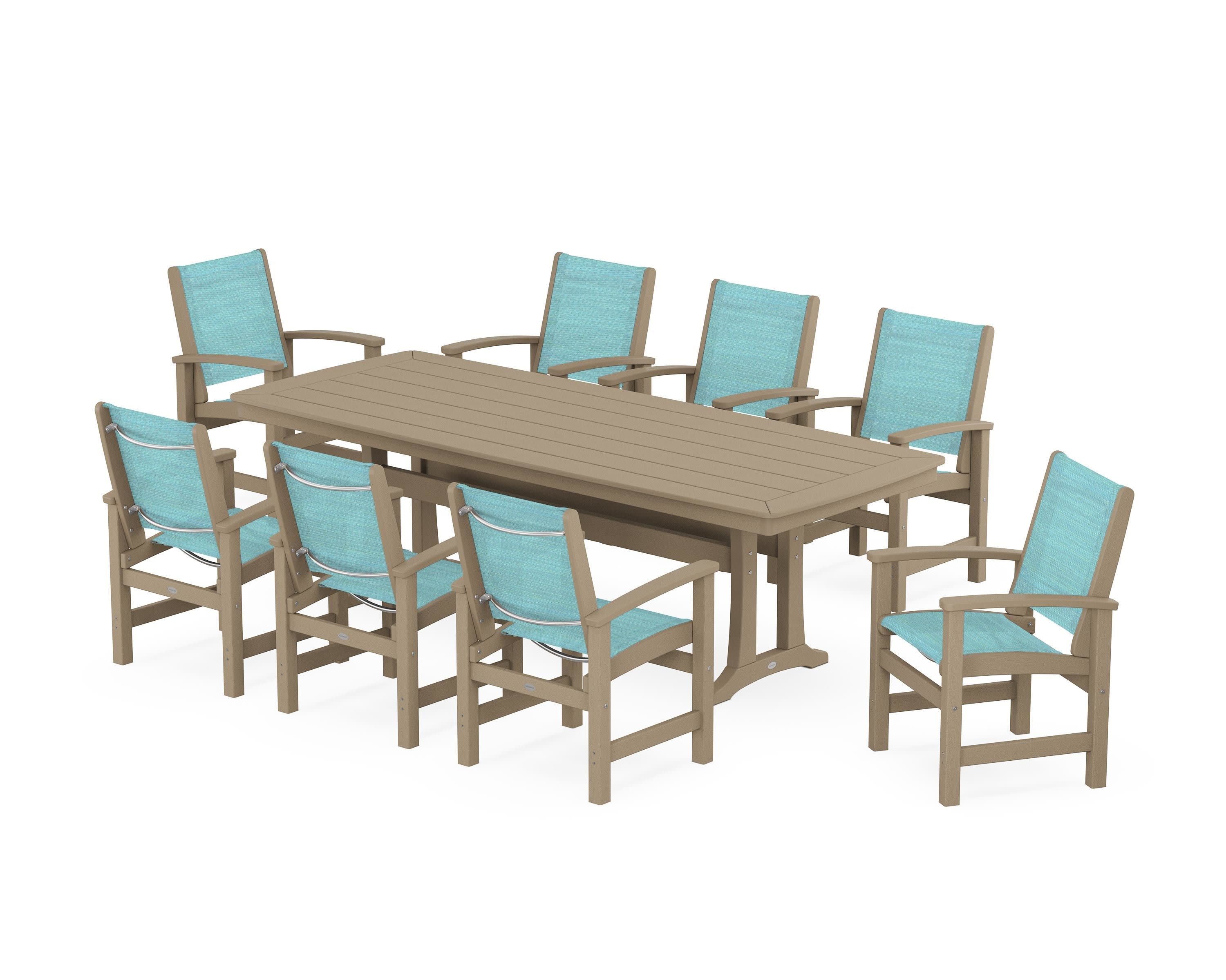 Coastal 9-Piece Dining Set with Trestle Legs in Vintage Sahara / Dupioni Aquamarine Sling