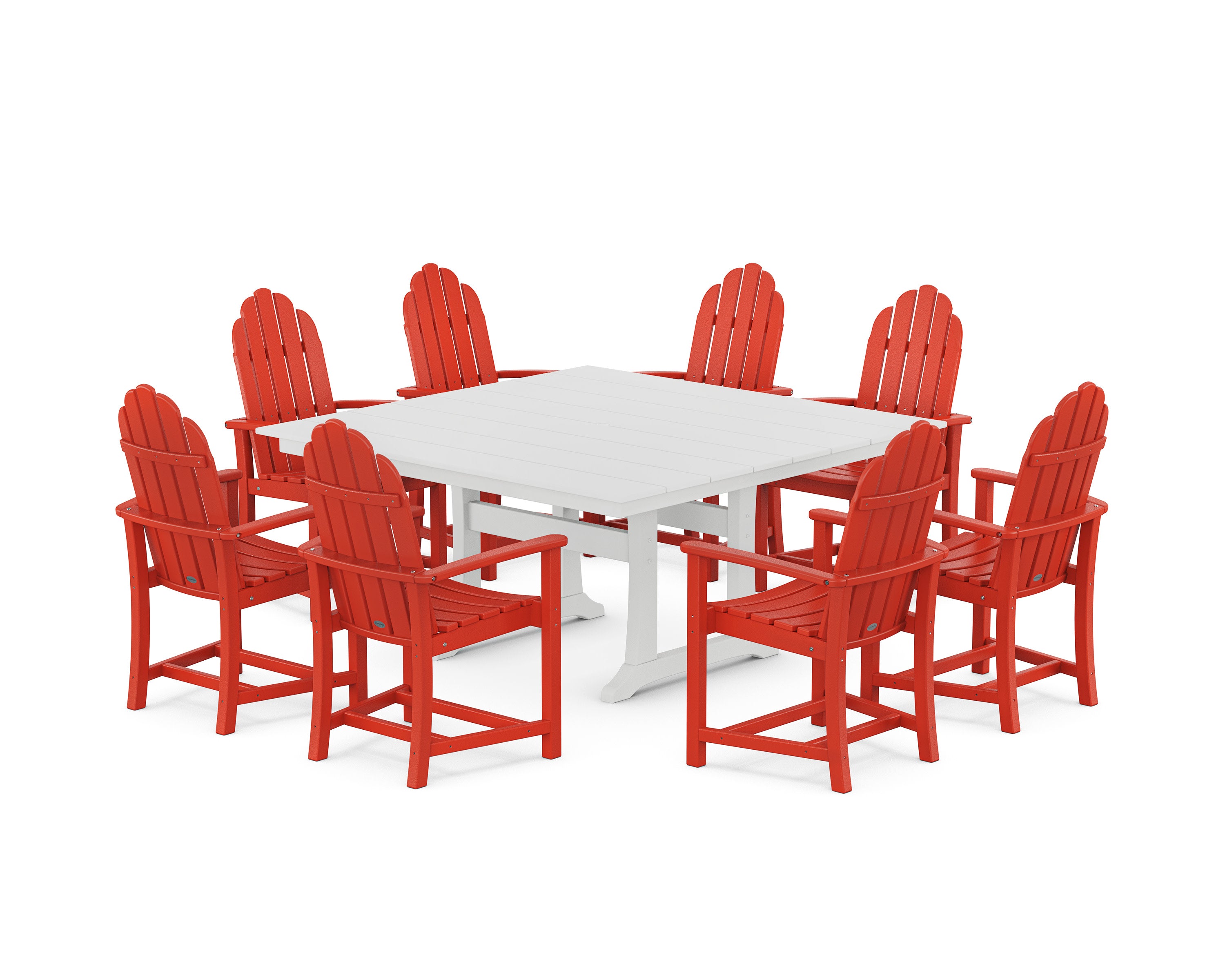 Classic Adirondack 9-Piece Square Farmhouse Dining Set with Trestle Legs in Sunset Red / White