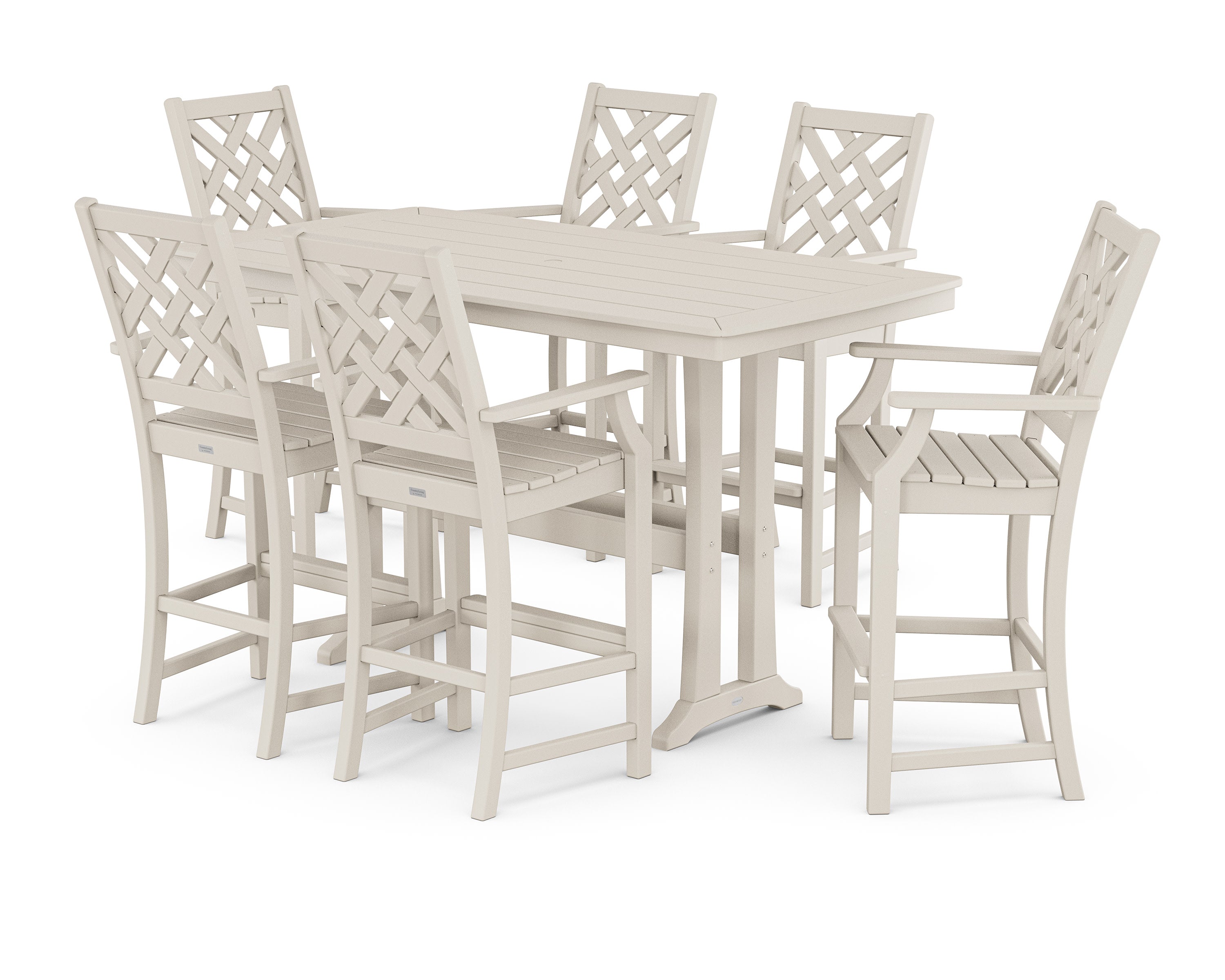 Wovendale Arm Chair 7-Piece Bar Set with Trestle Legs in Sand