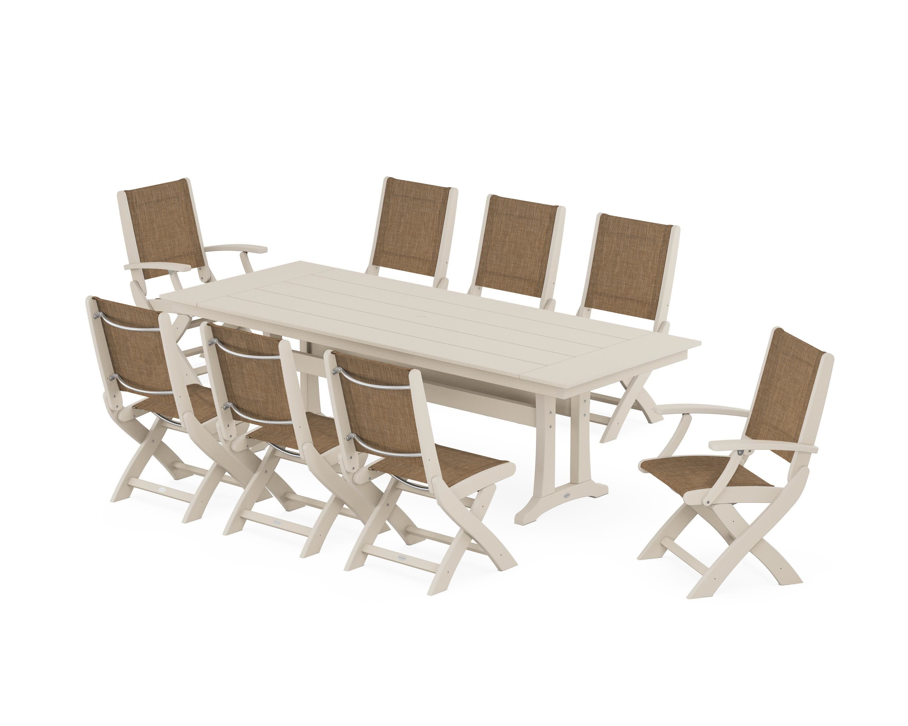 Coastal 9-Piece Folding Dining Chair Farmhouse Dining Set with Trestle Legs in Sand / Burlap Sling