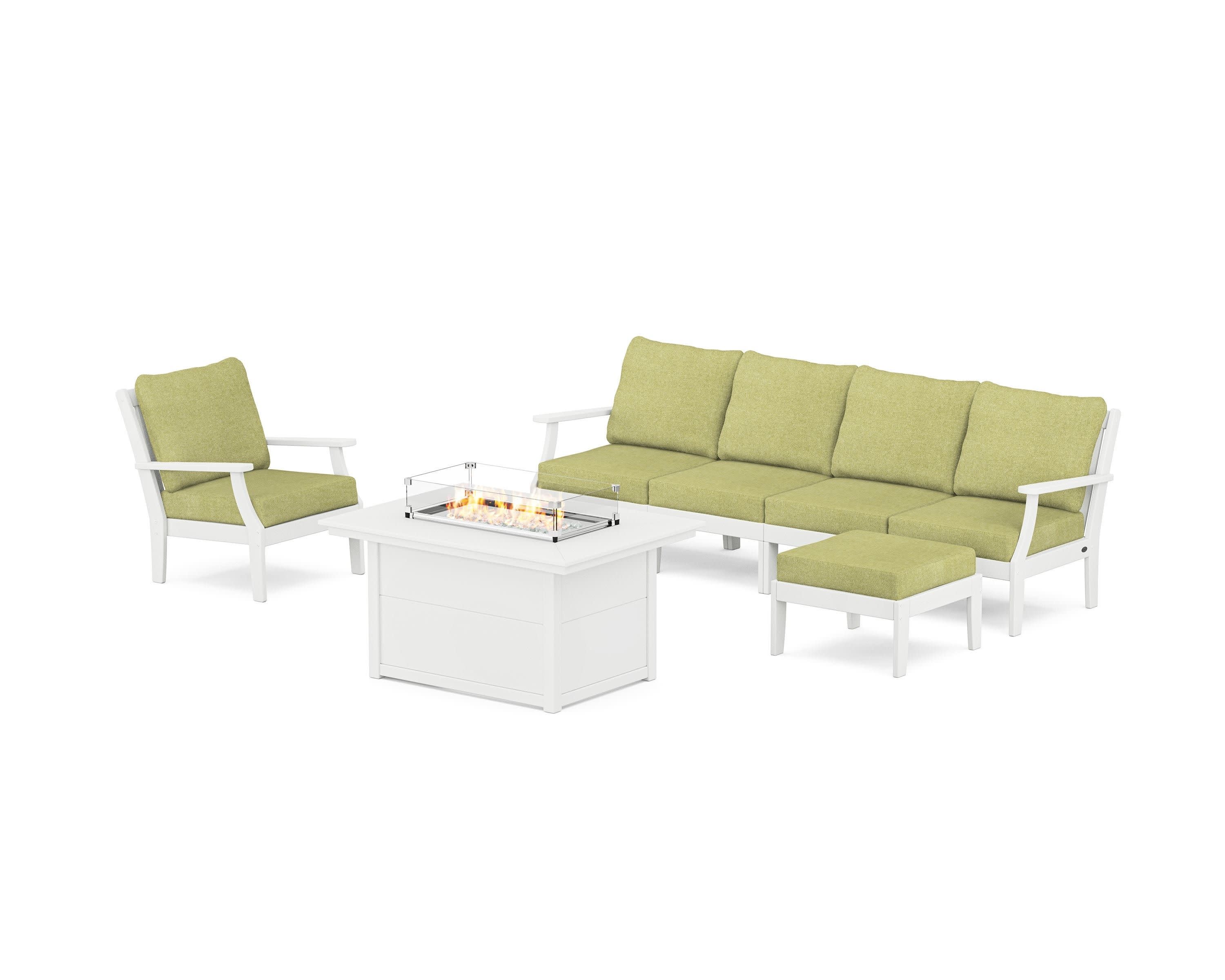 Braxton Sectional Lounge and Fire Pit Set in White / Chartreuse Boucle