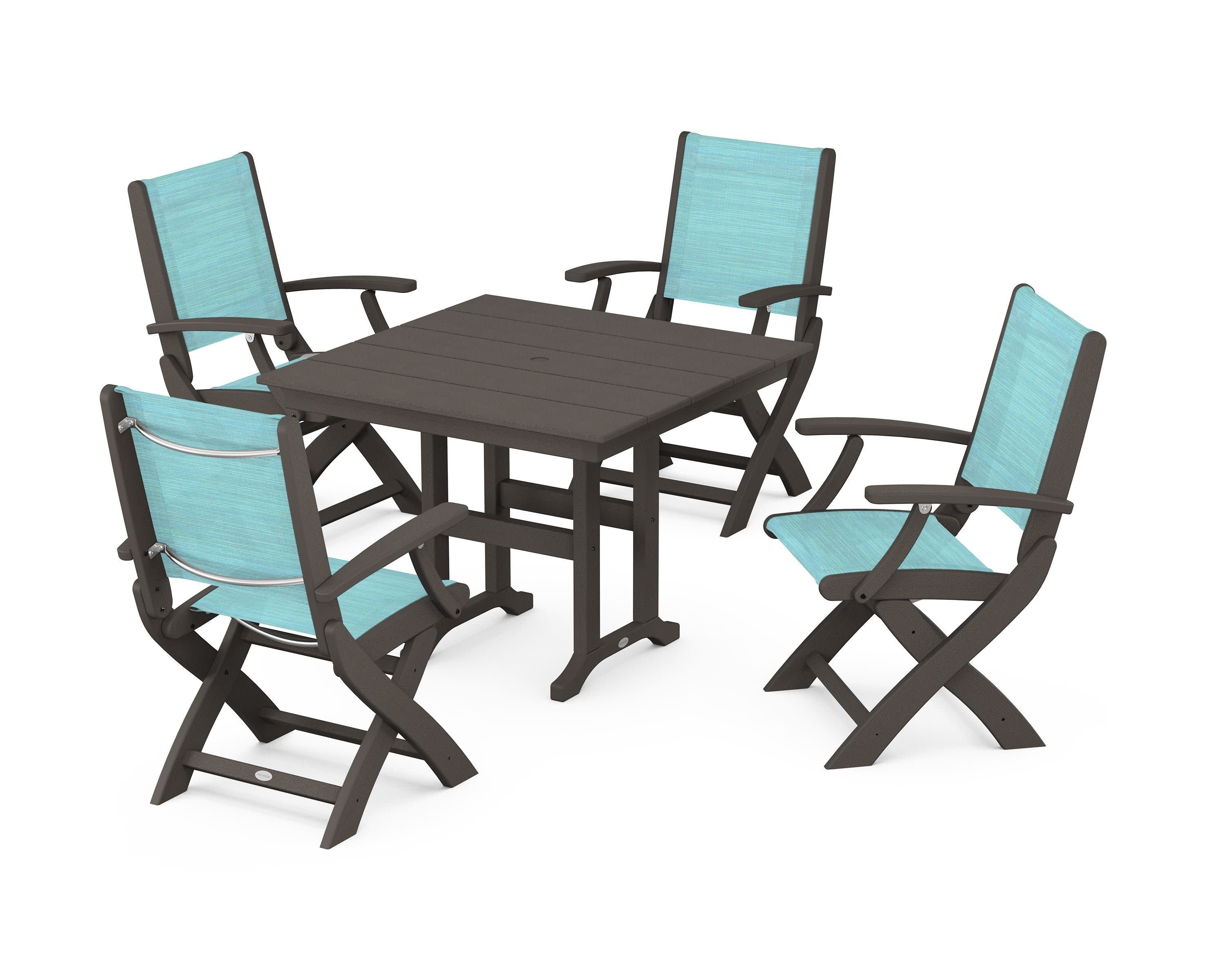 Coastal Folding Chair 5-Piece Farmhouse Dining Set in Vintage Coffee / Dupioni Aquamarine Sling