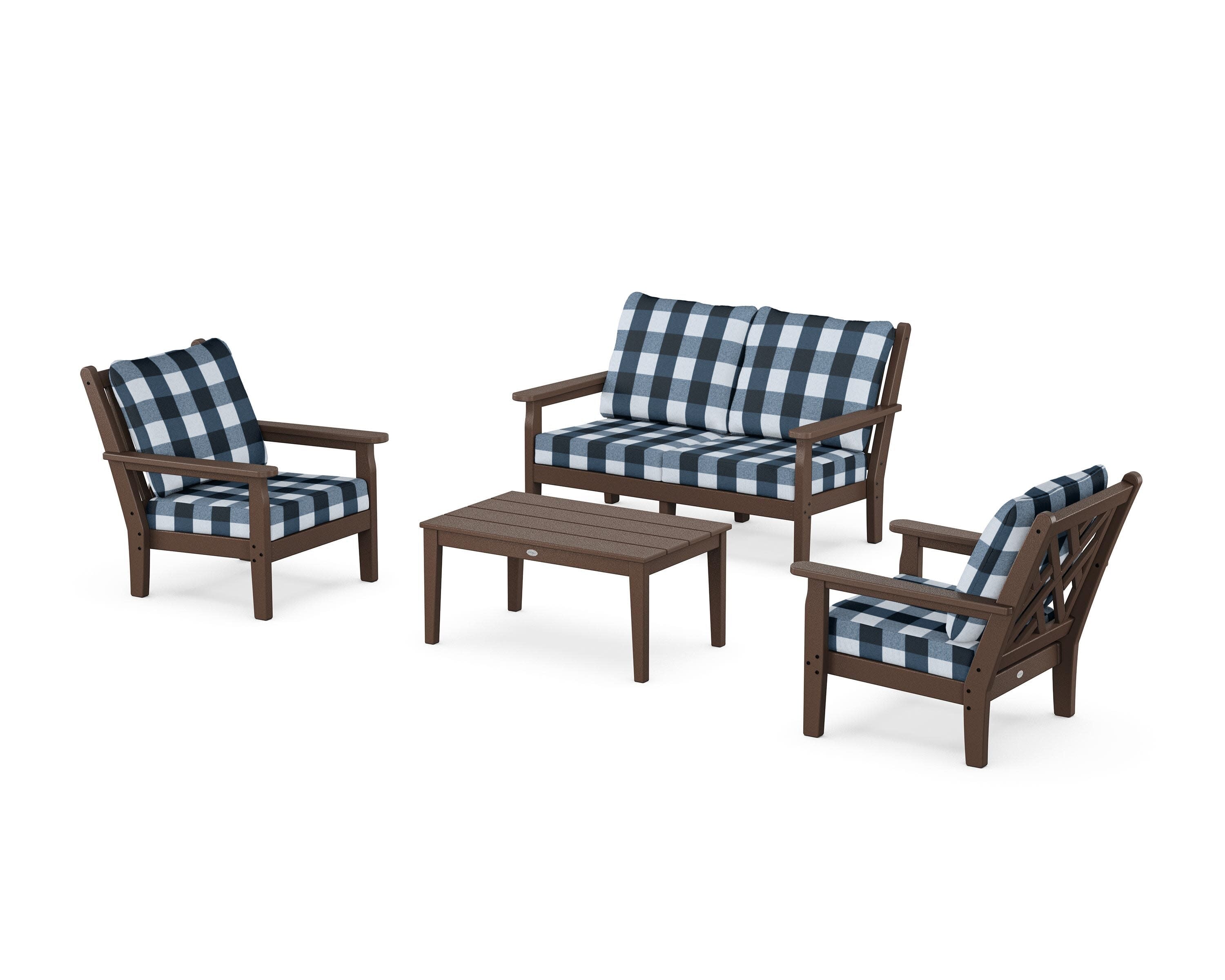 Chippendale 4-Piece Deep Seating Set with Loveseat in Mahogany / Buffalo Plaid Marine Indigo