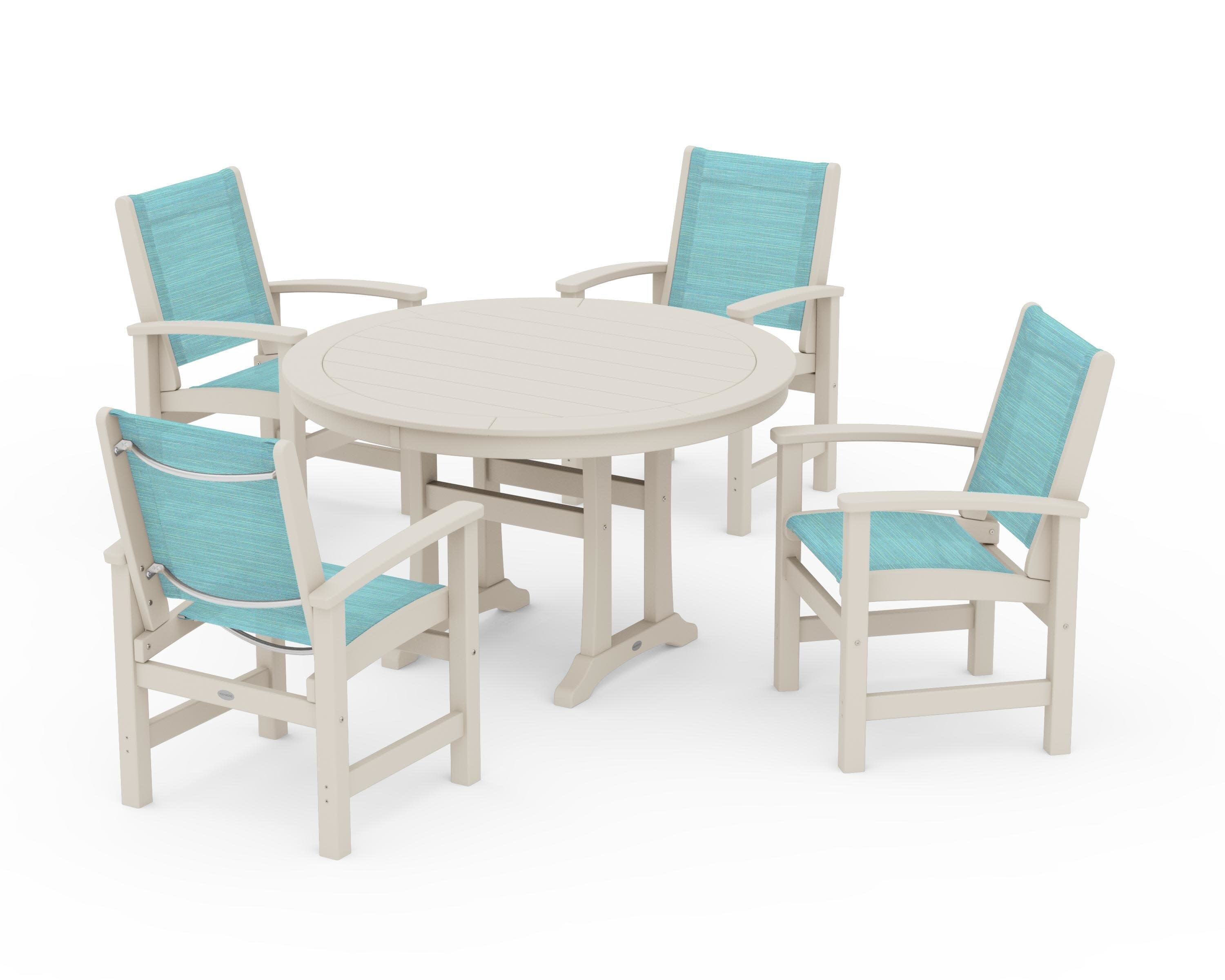 Coastal 5-Piece Round Dining Set with Trestle Legs in Sand / Dupioni Aquamarine Sling