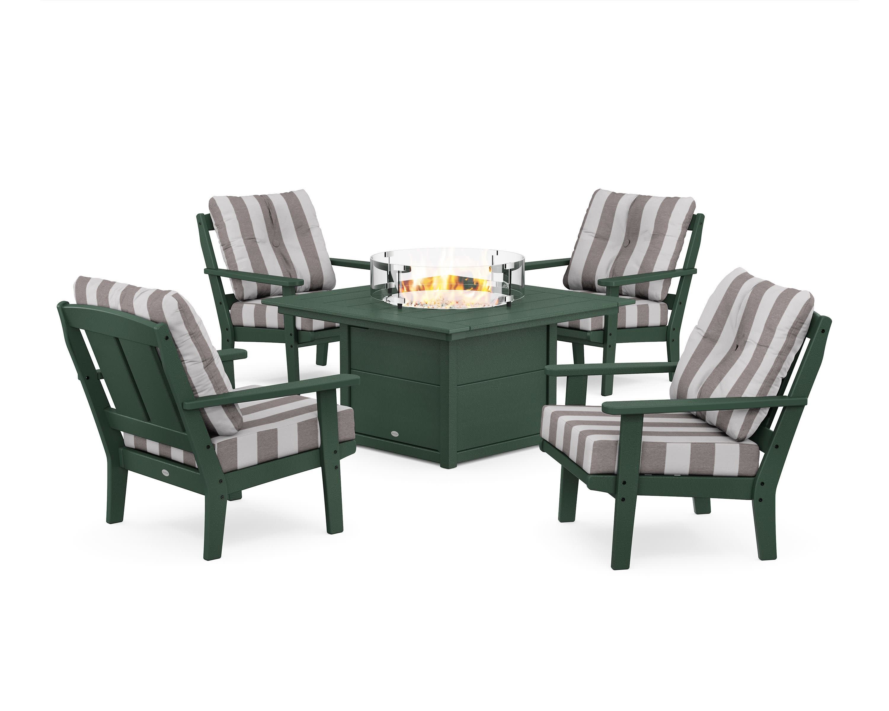 Mission 5-Piece Deep Seating Set with Fire Pit Table in Green / Cabana Stripe Grey Mist