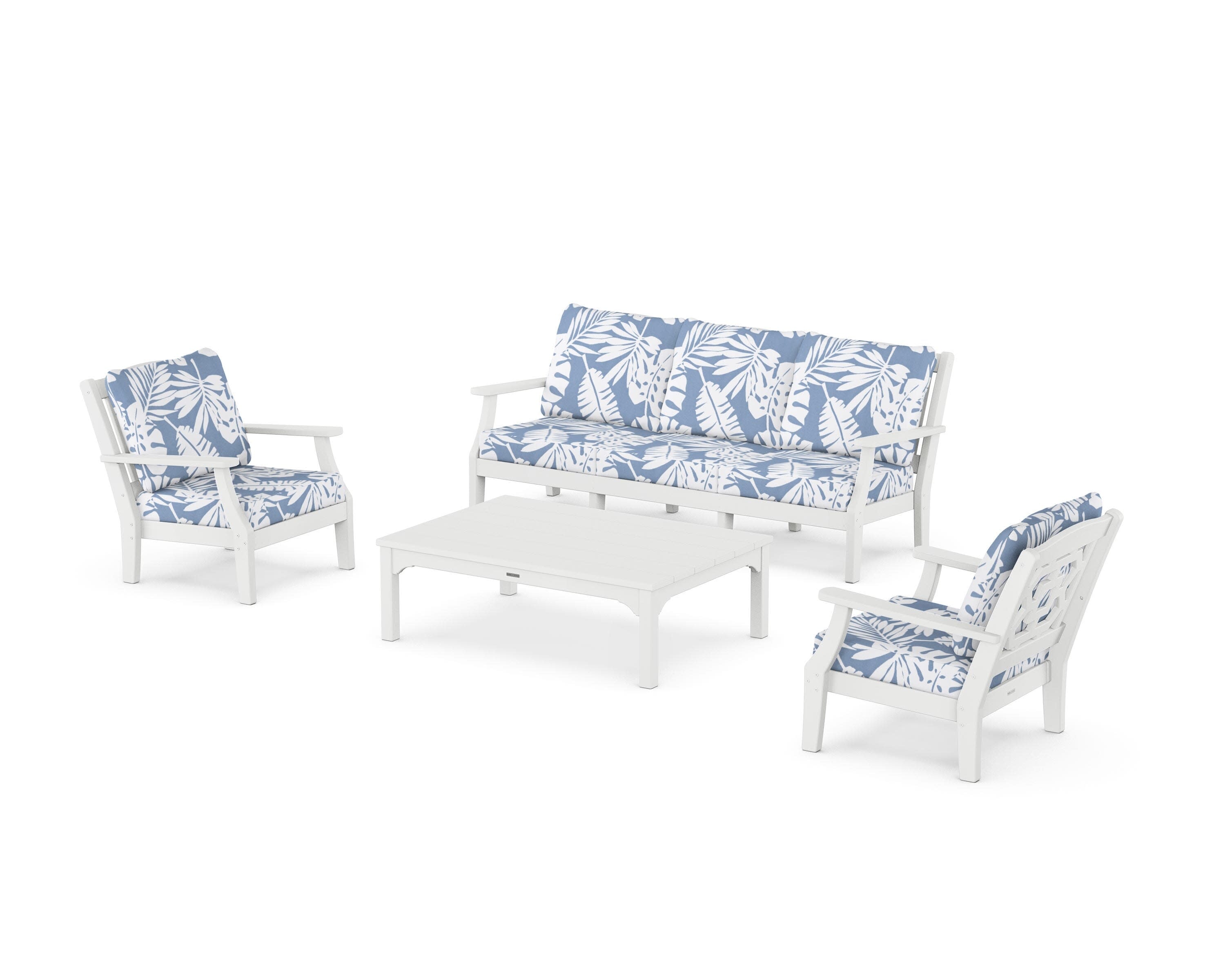 Chinoiserie 4-Piece Deep Seating Set with Sofa in White / Leaf Sky Blue