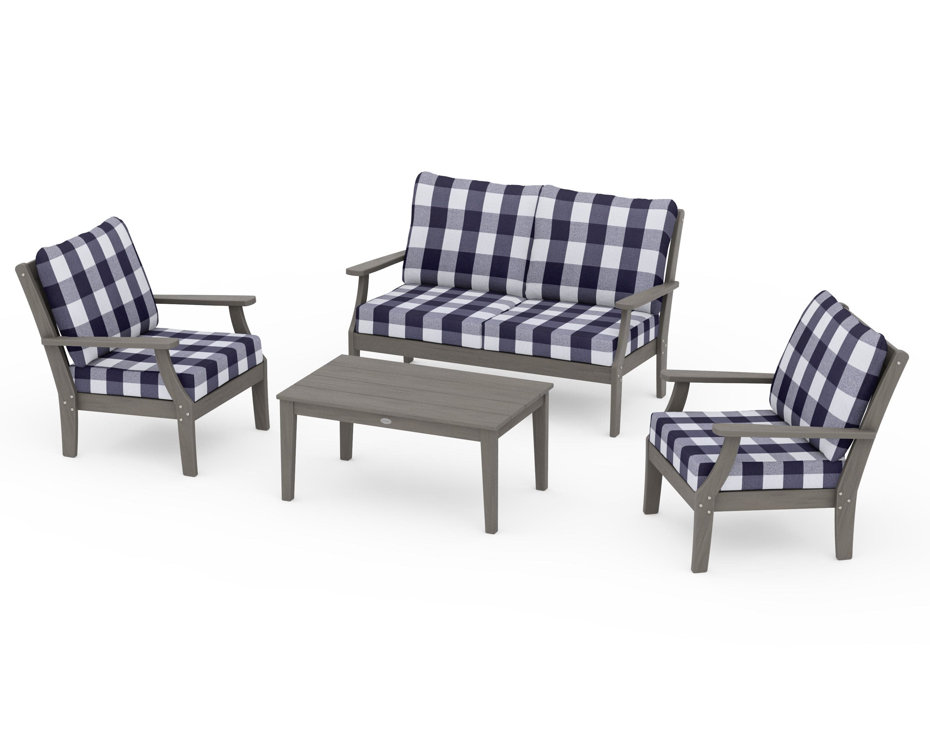 Braxton 4-Piece Deep Seating Chair Set in Driftwood / Buffalo Plaid Navy