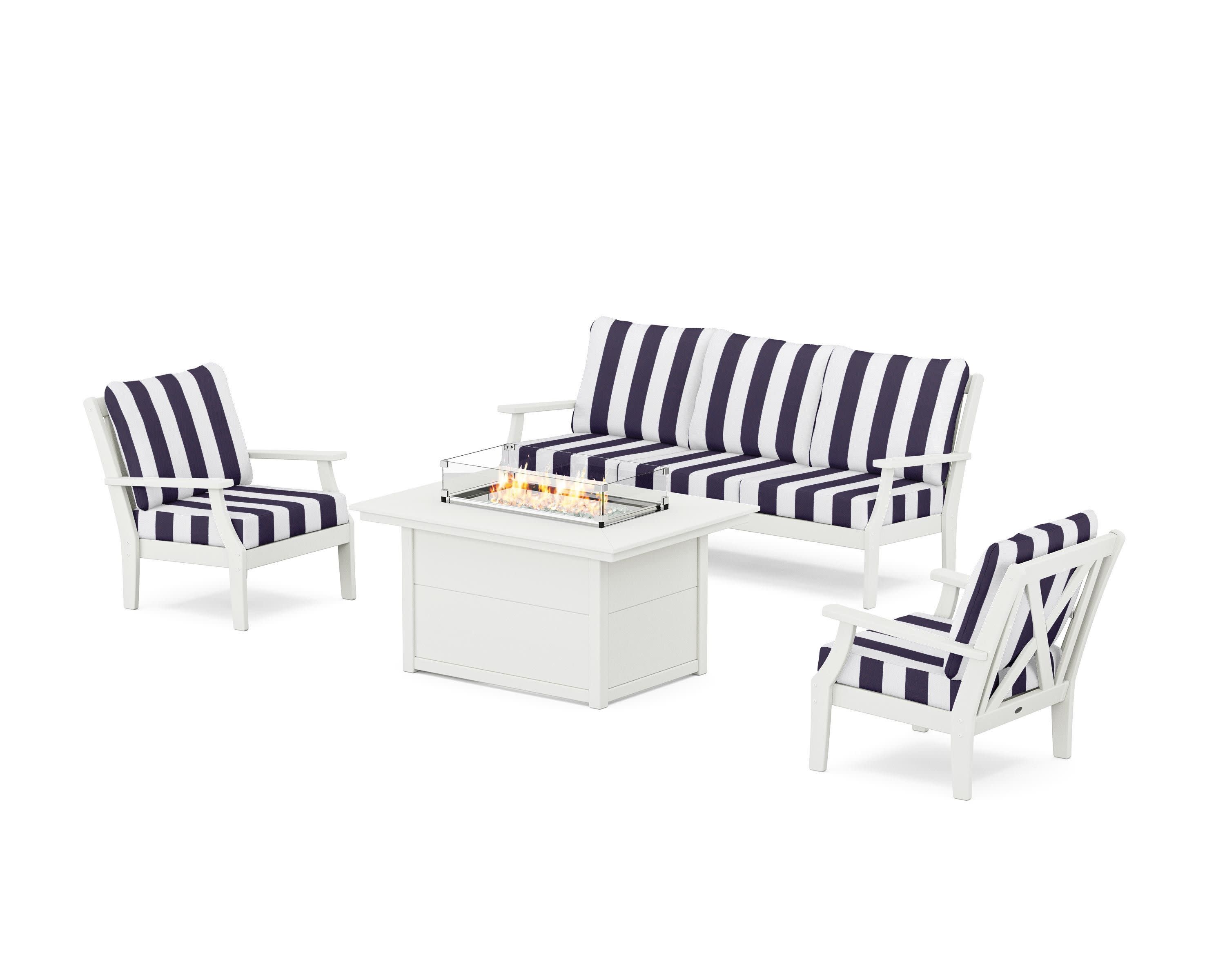Braxton Deep Seating Fire Pit Table Set in Vintage White / Cabana Stripe Navy