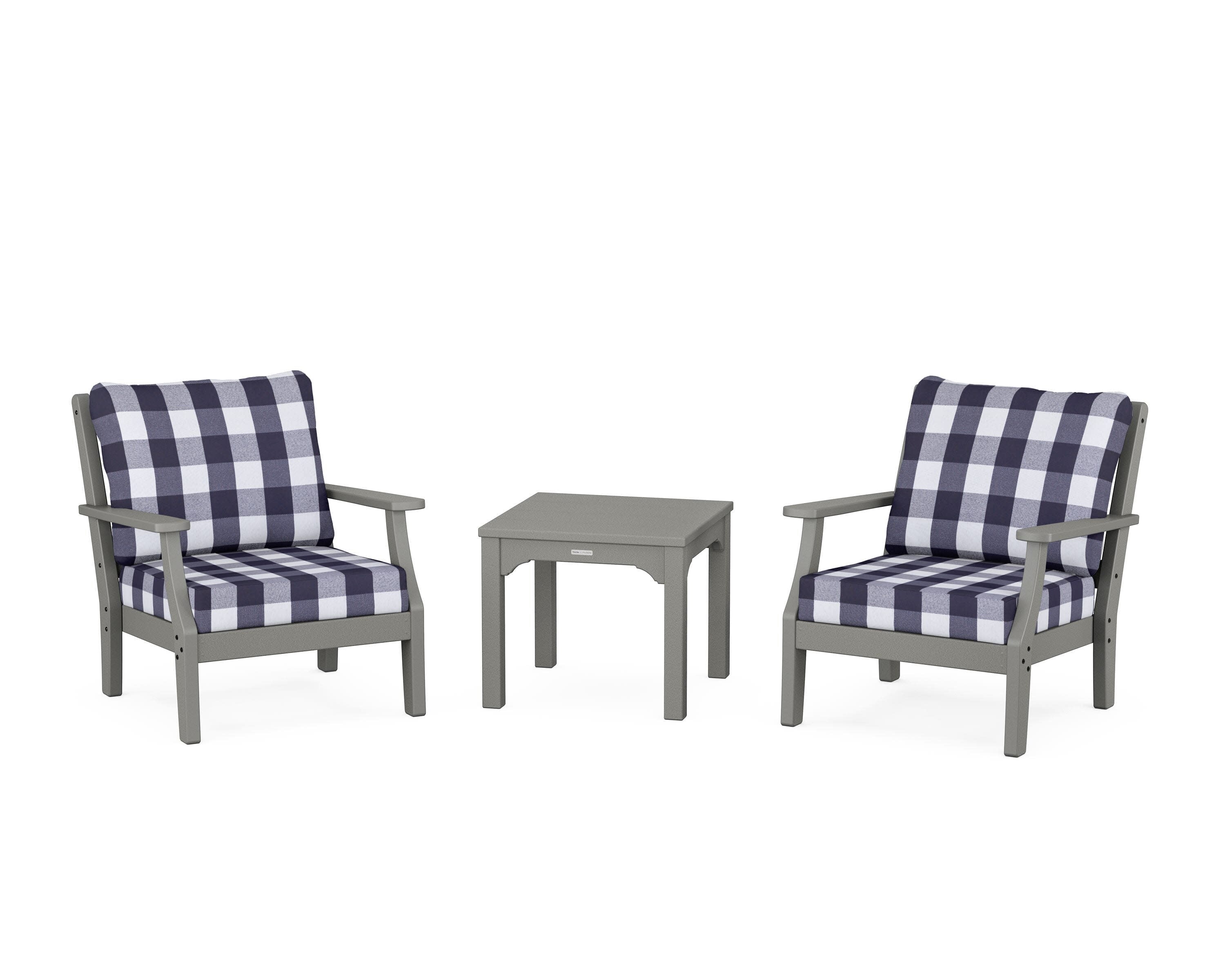 Chinoiserie 3-Piece Deep Seating Set in Slate Grey / Buffalo Plaid Navy