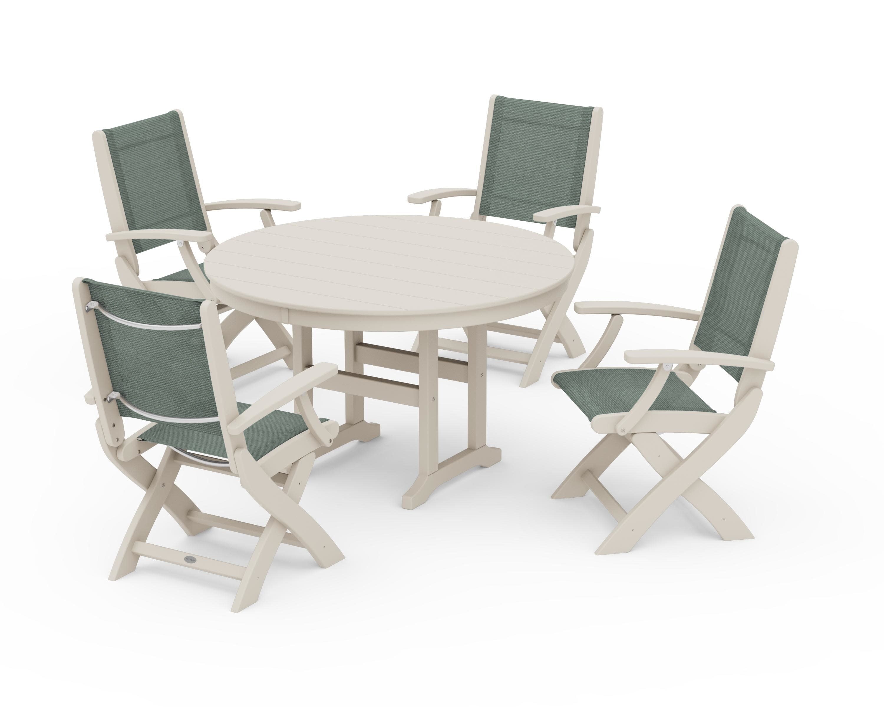 Coastal Folding Chair 5-Piece Round Dining Set in Sand / Dupioni Sea Mist Sling
