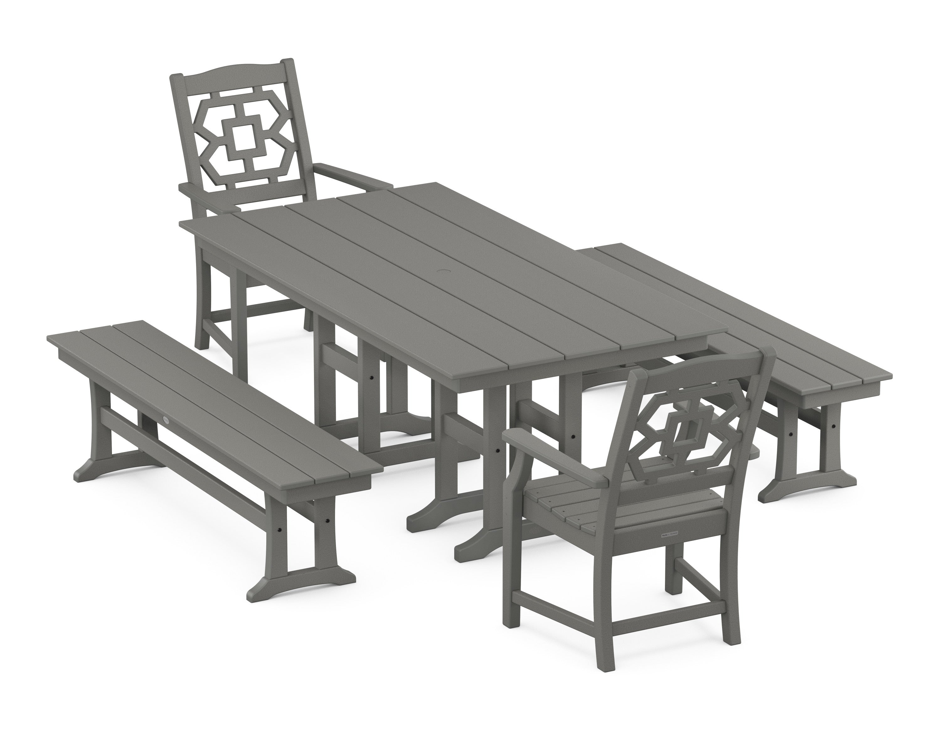Chinoiserie 5-Piece Farmhouse Dining Set with Benches in Slate Grey