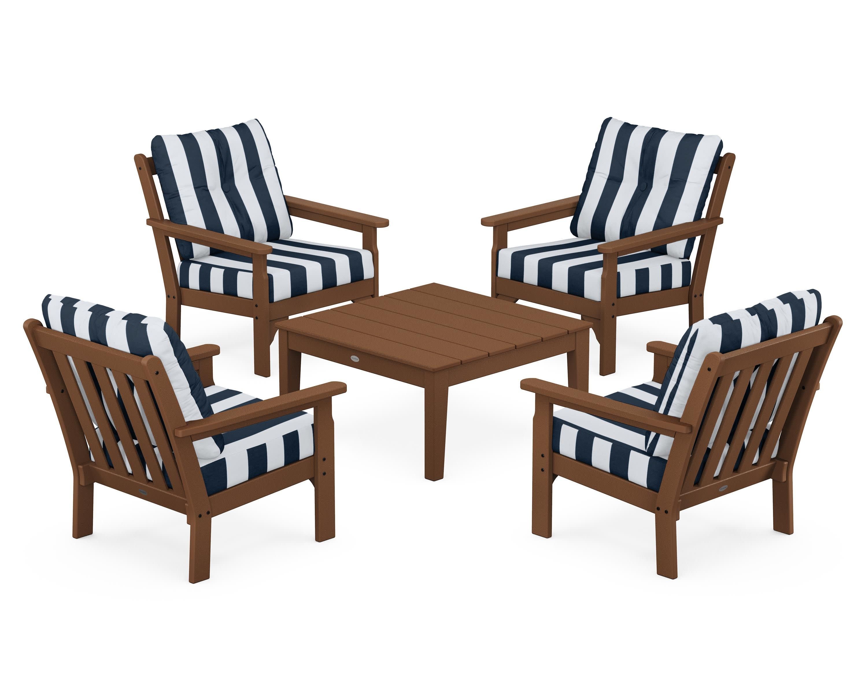 Vineyard 5-Piece Deep Seating Conversation Set in Teak / Cabana Stripe Marine Indigo