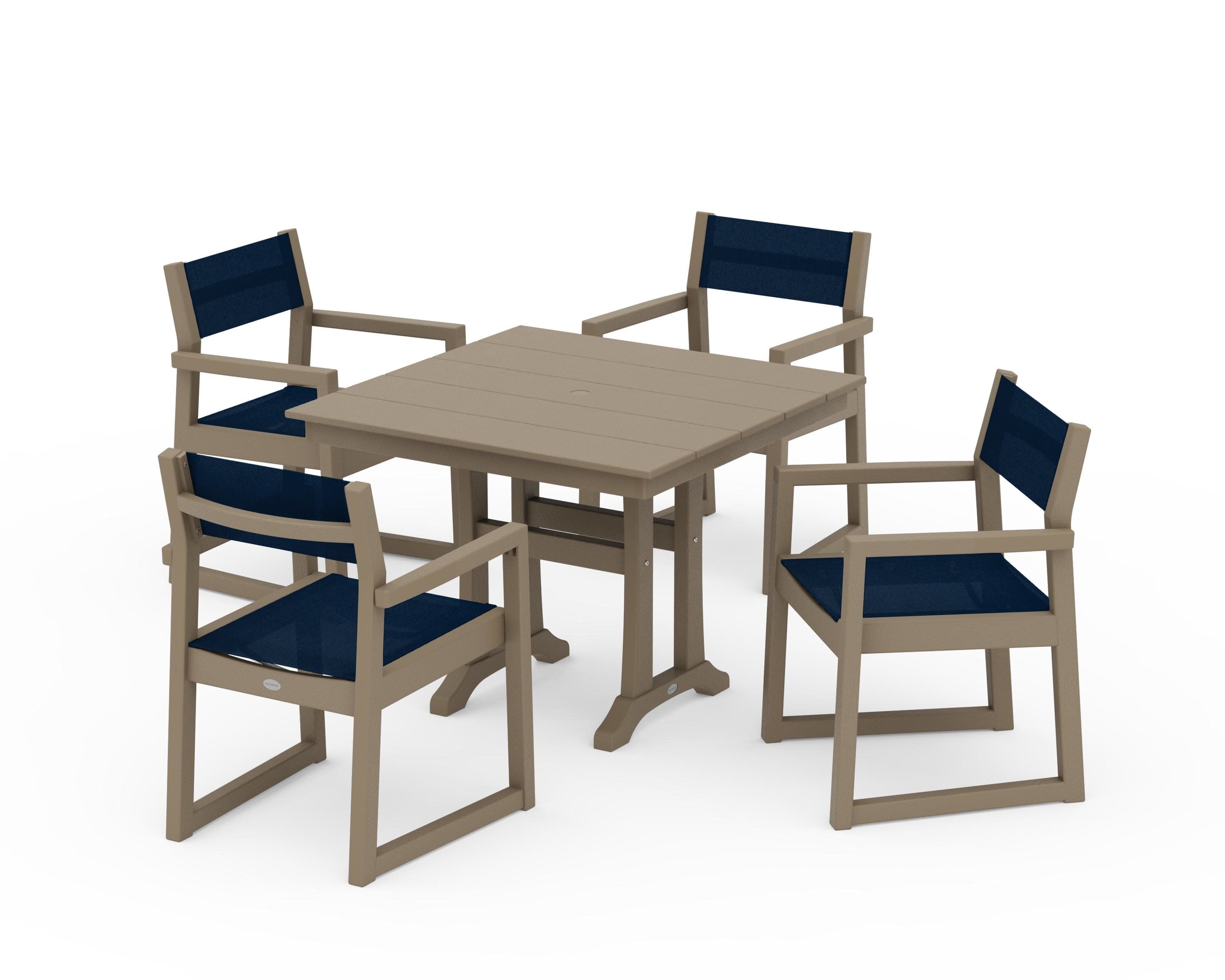 EDGE Sling 5-Piece Farmhouse Dining Set with Trestle Legs in Vintage Sahara / Navy Blue Sling