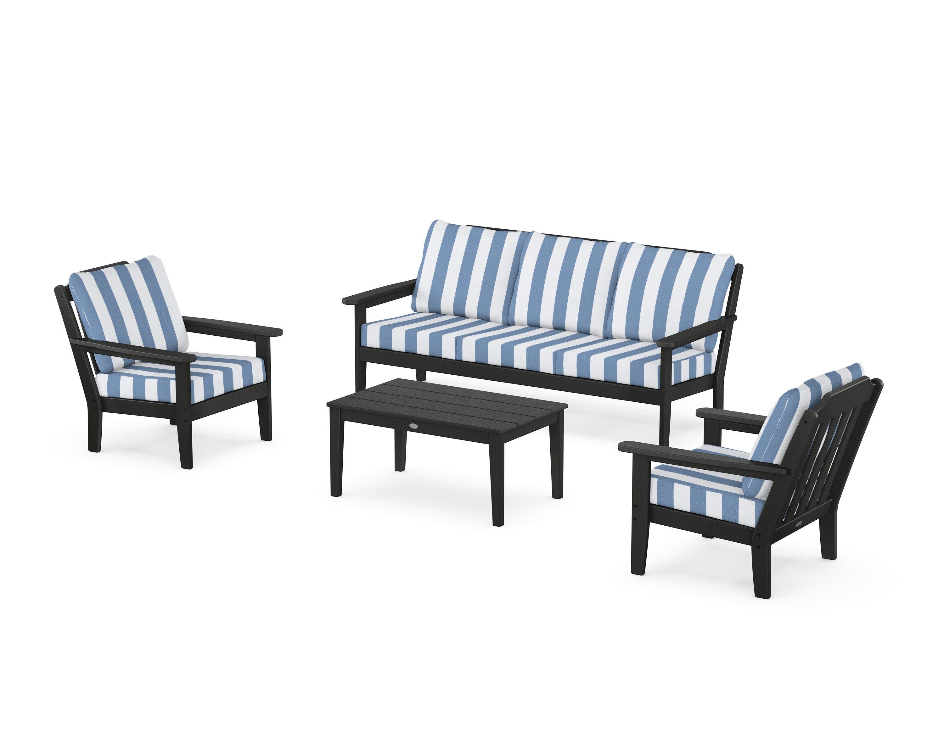 Cottage 4-Piece Deep Seating Set with Sofa in Black / Cabana Stripe Sky Blue