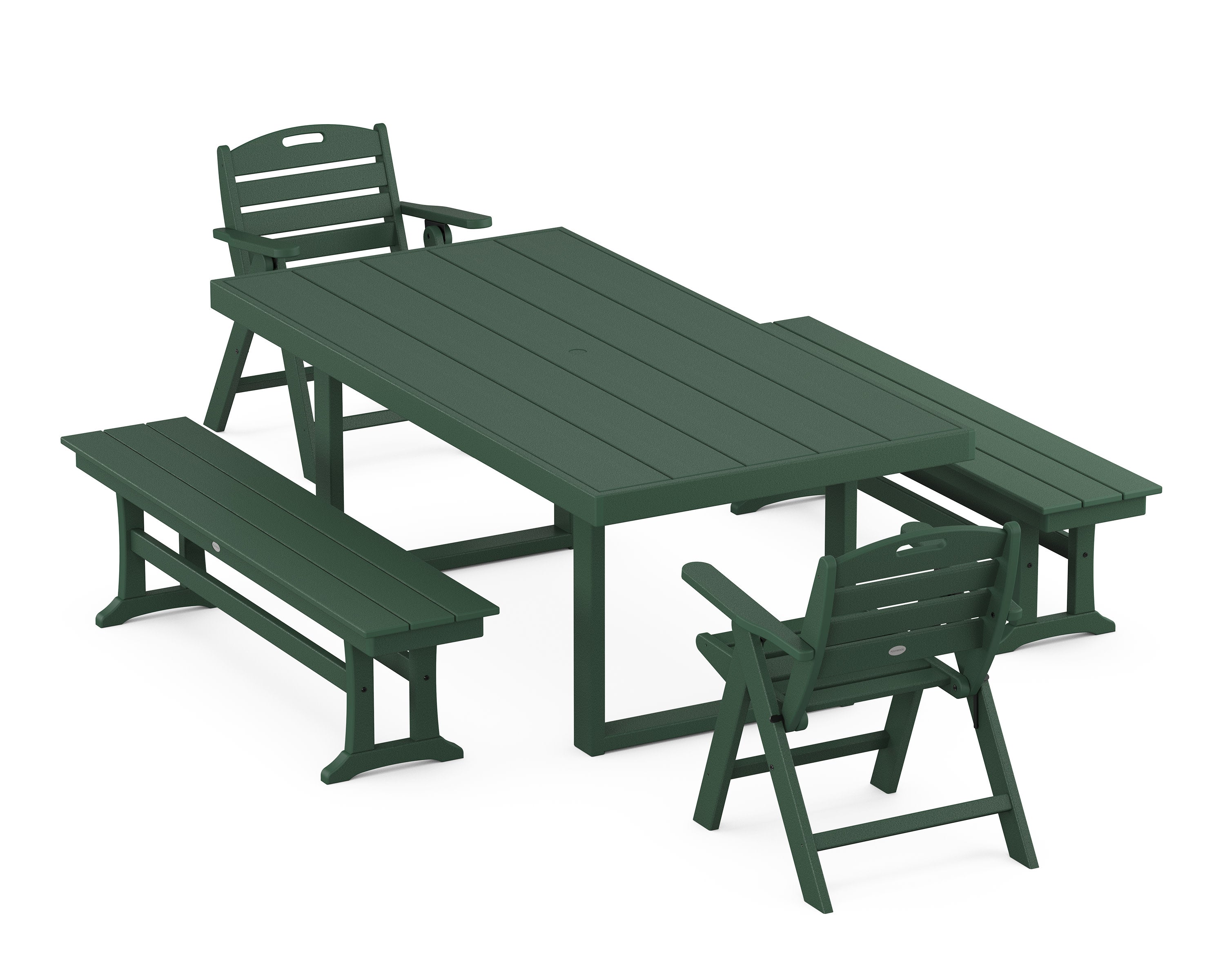 Nautical Lowback 5-Piece Dining Set with Benches in Green