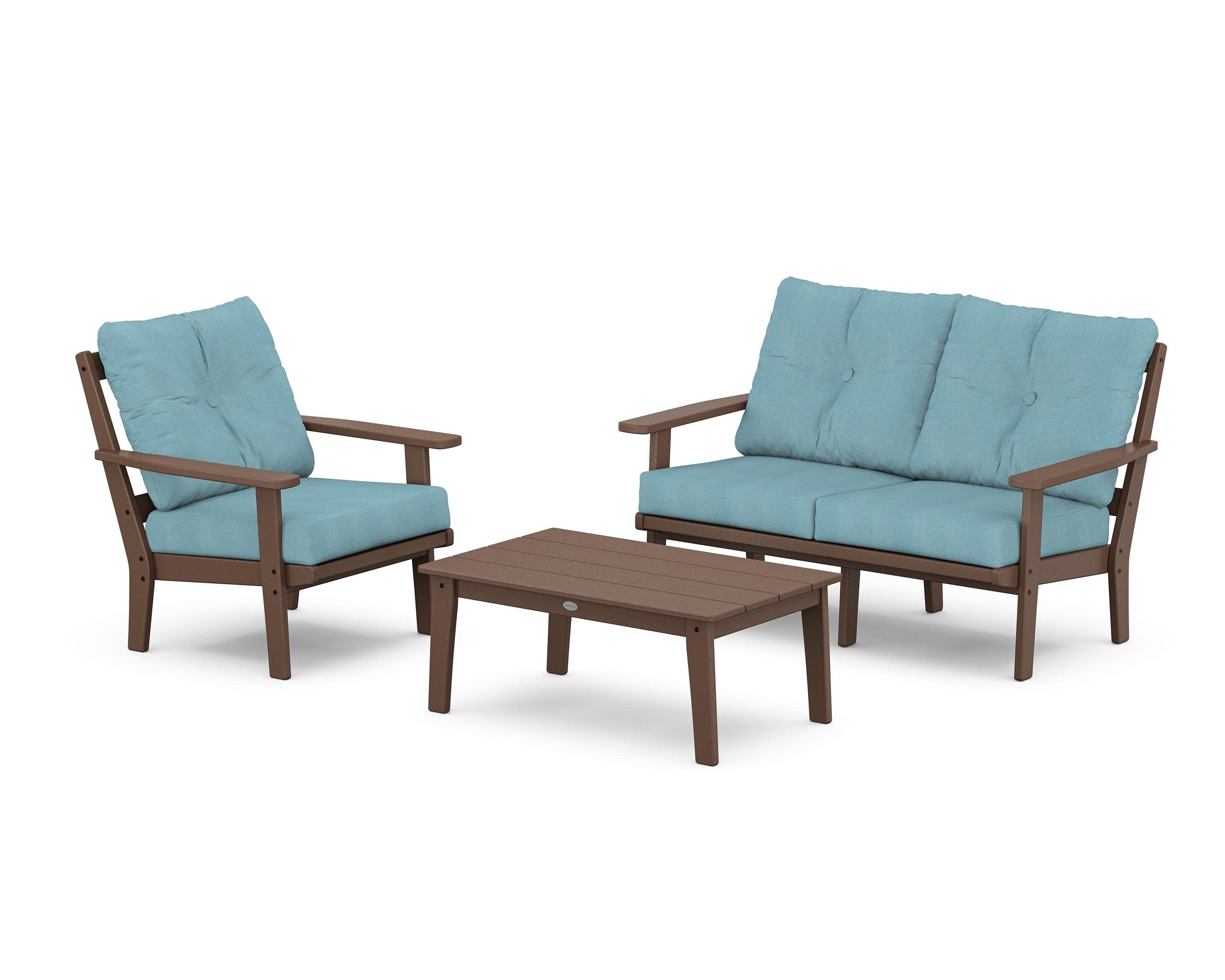 Oxford 3-Piece Deep Seating Set with Loveseat in Mahogany / Lattice Sky Blue