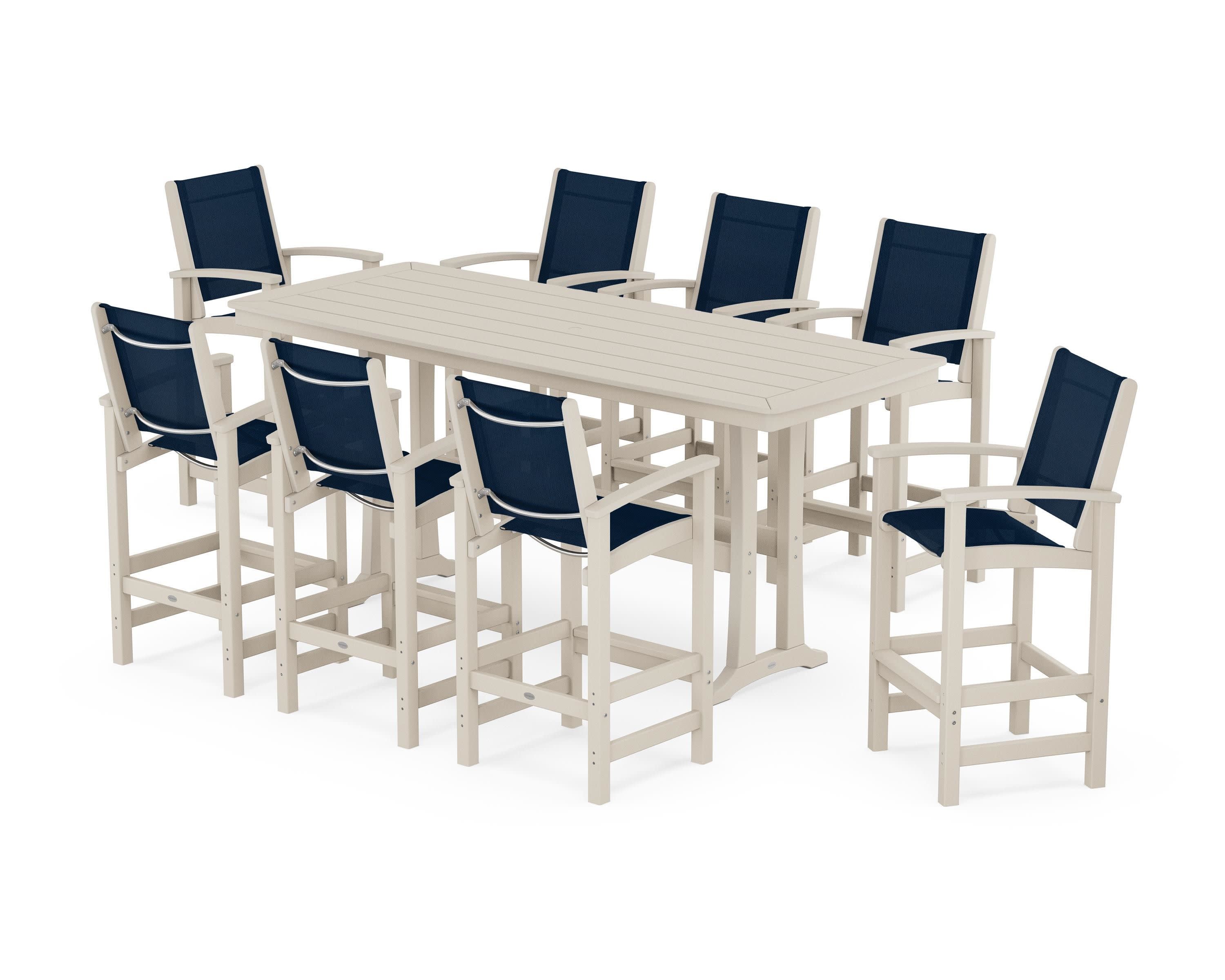 Coastal 9-Piece Bar Set with Trestle Legs in Sand / Navy Blue Sling