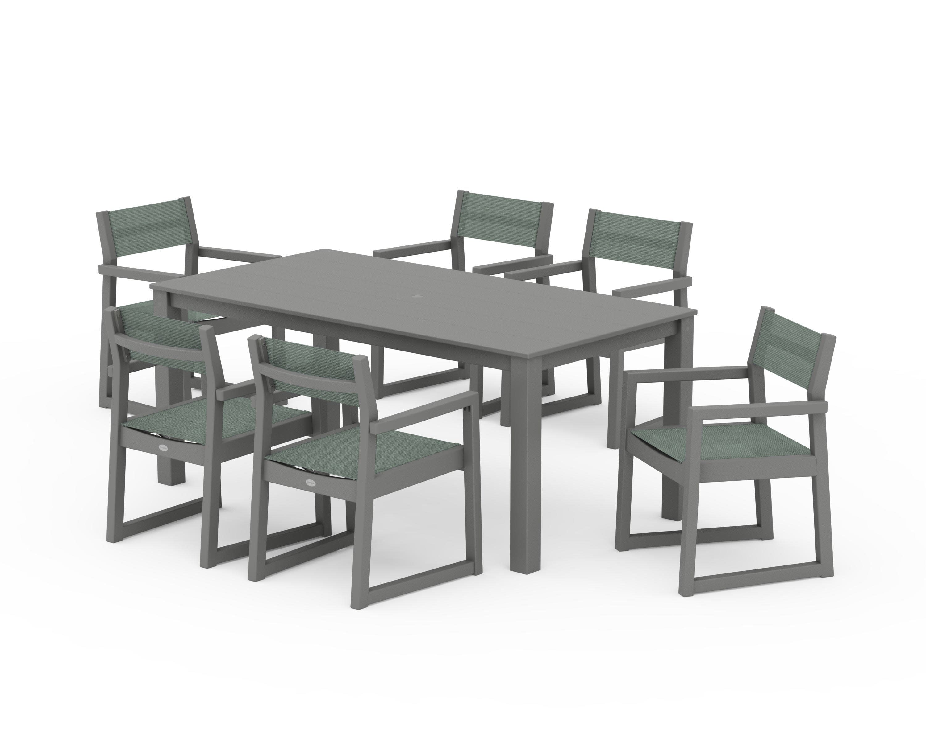 EDGE Sling Arm Chair 7-Piece Parsons Dining Set in Slate Grey / Dupioni Sea Mist Sling