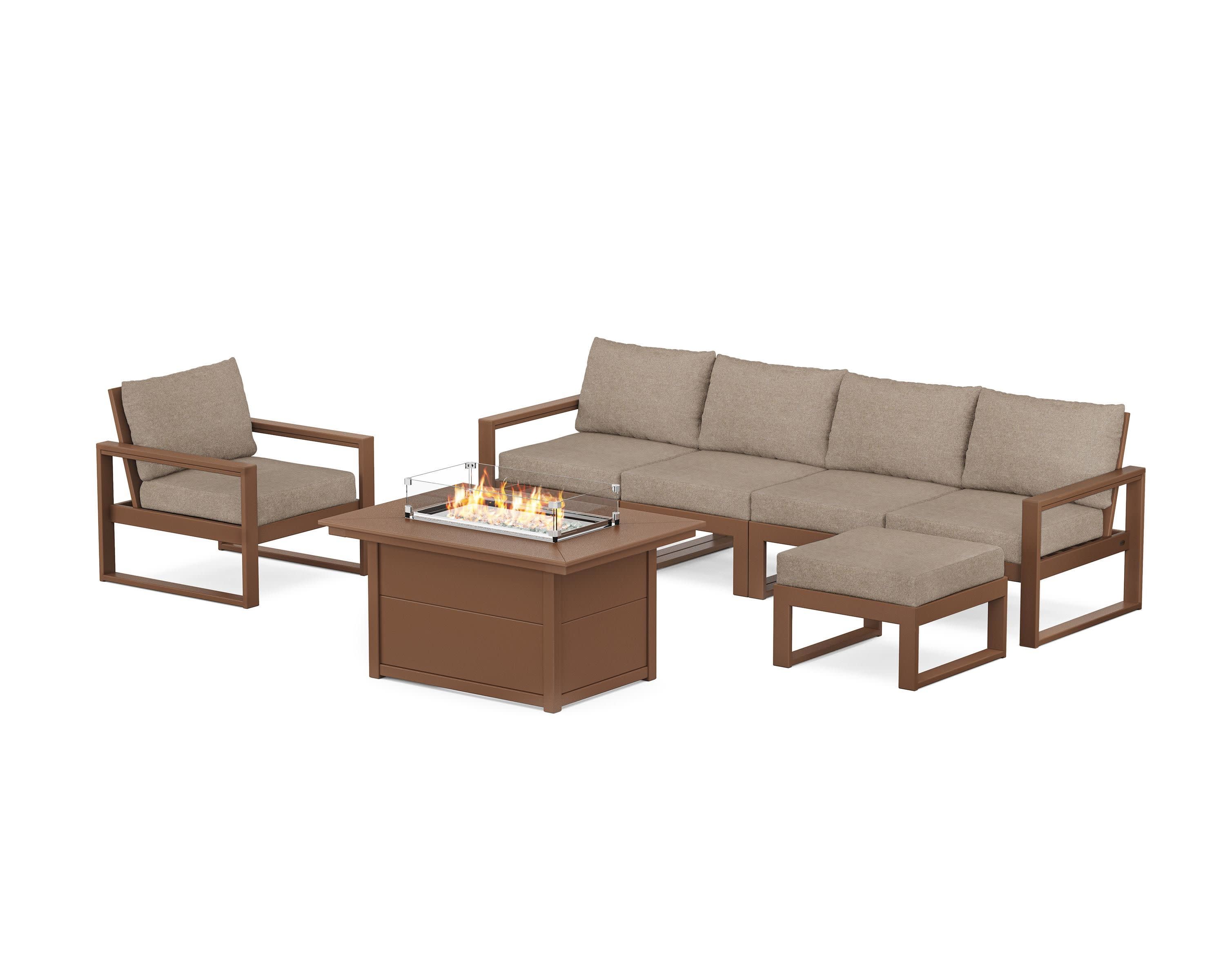 EDGE Sectional Lounge and Fire Pit Set in Teak / Spiced Burlap