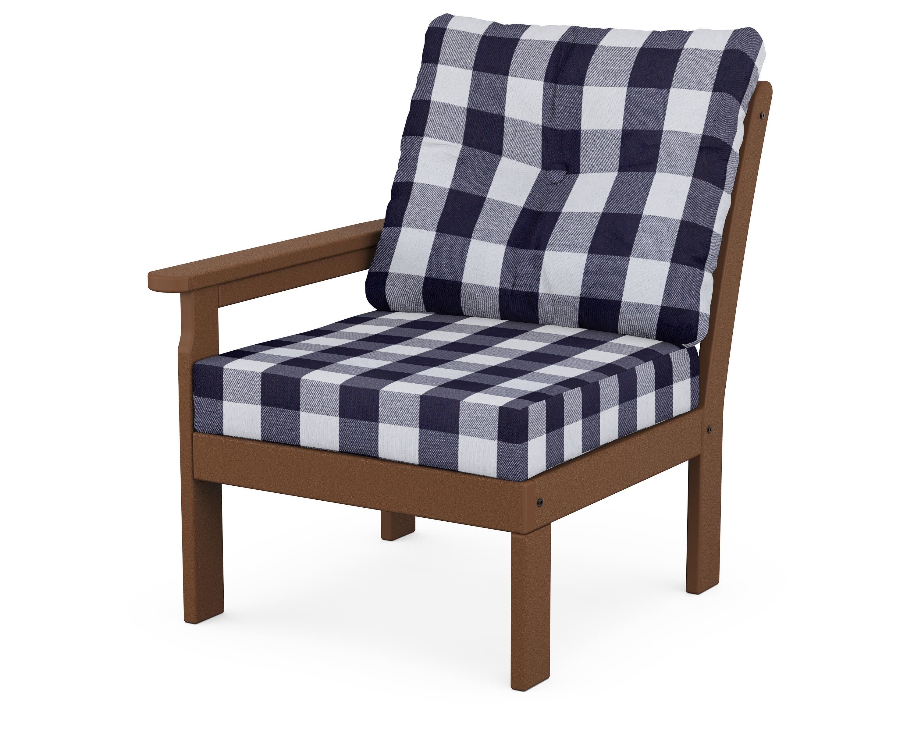 Vineyard Modular Left Arm Chair in Teak / Buffalo Plaid Navy