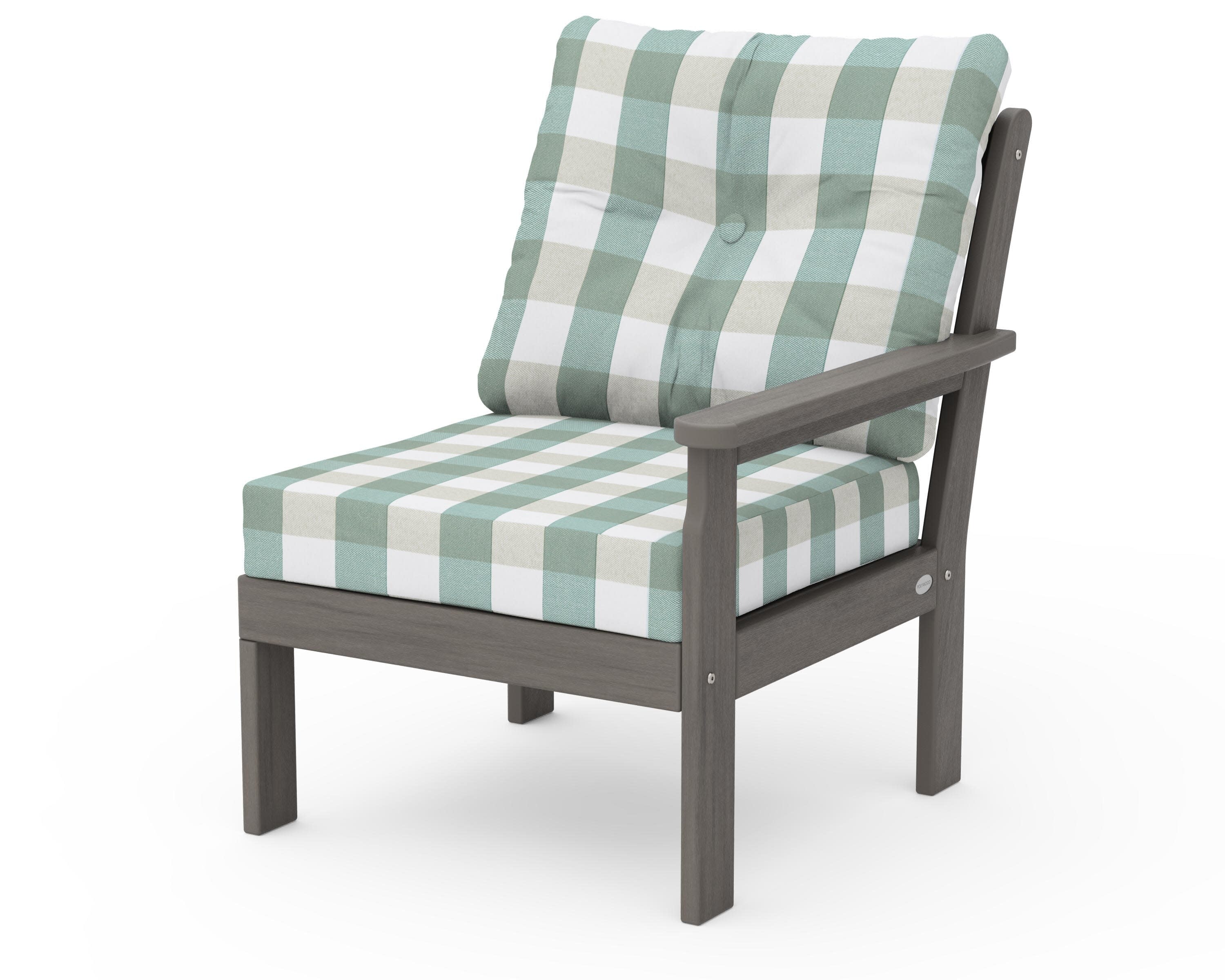 Vineyard Modular Right Arm Chair in Driftwood / Buffalo Plaid Glacier Spa