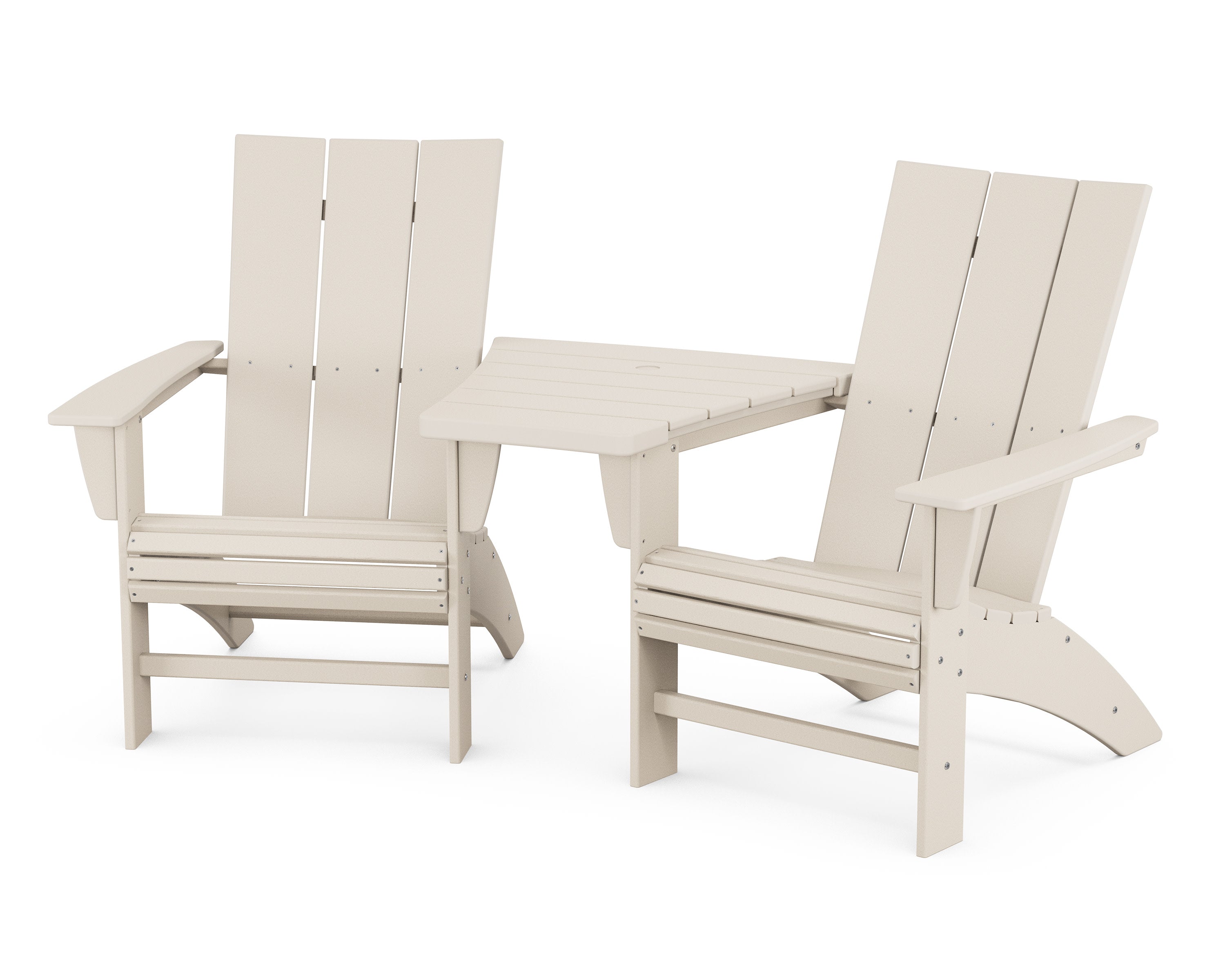 Modern 3-Piece Curveback Adirondack Set with Angled Connecting Table in Sand