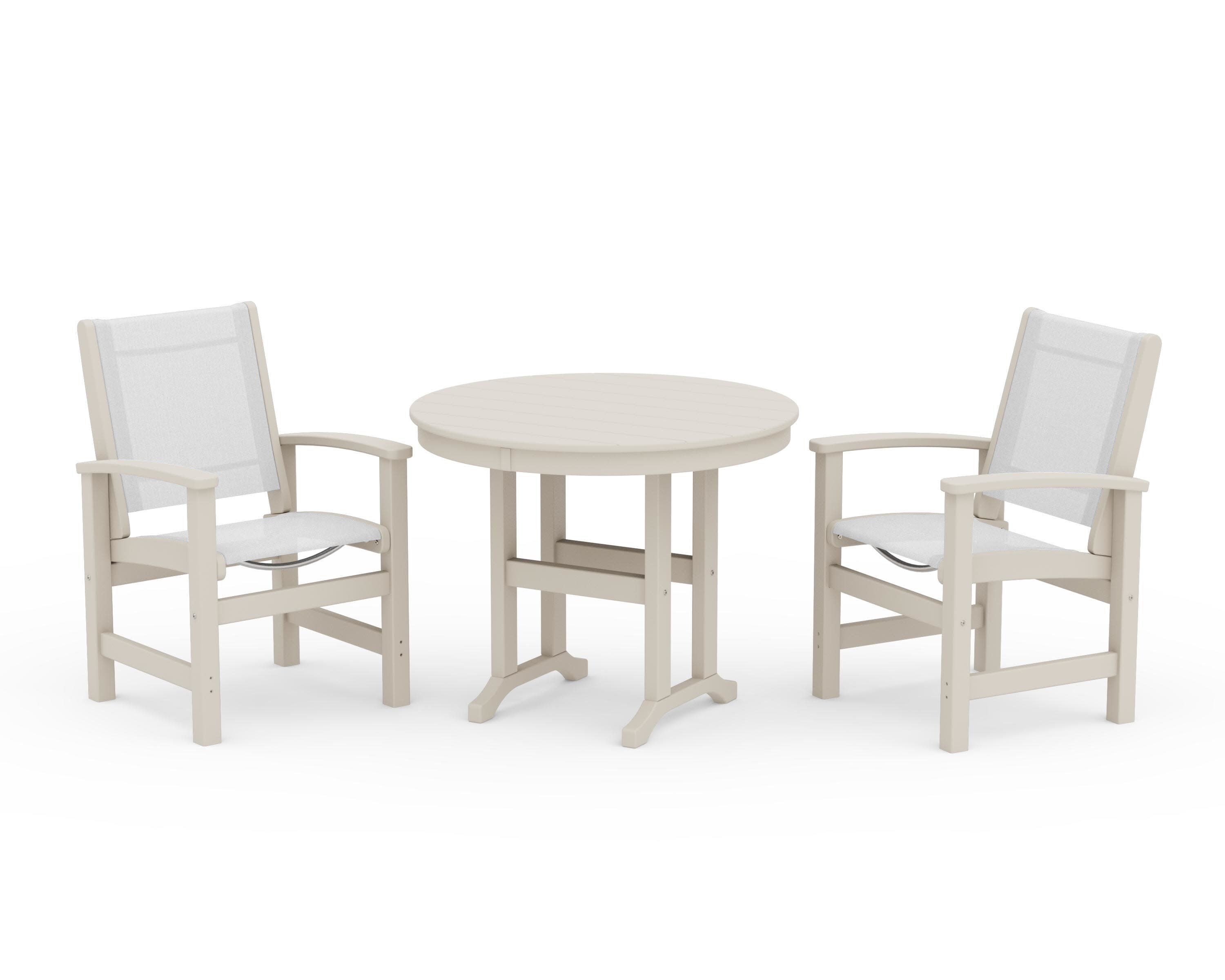 Coastal 3-Piece Round Dining Set in Sand / White Sling