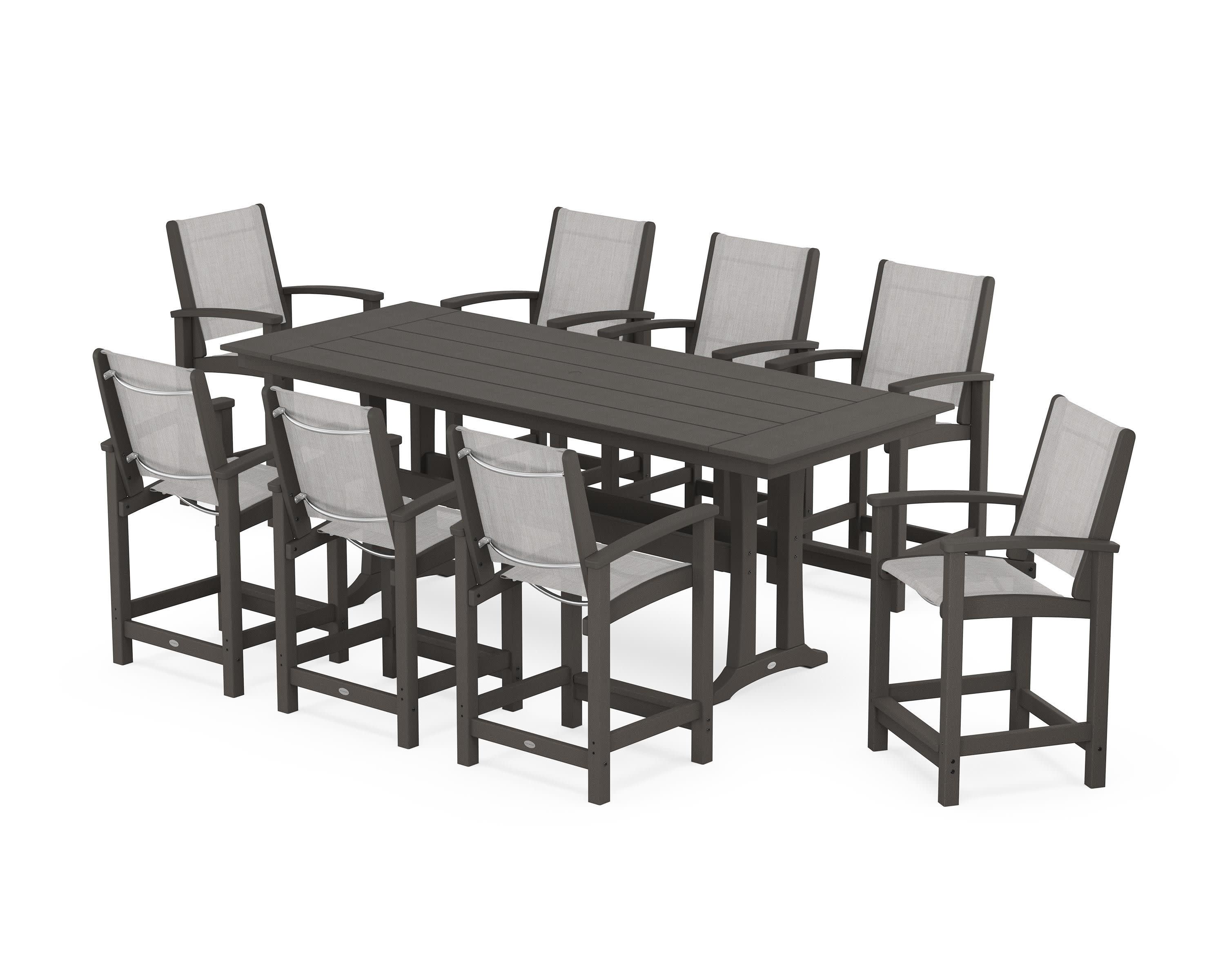 Coastal 9-Piece Farmhouse Counter Set with Trestle Legs in Vintage Coffee / Parchment Sling