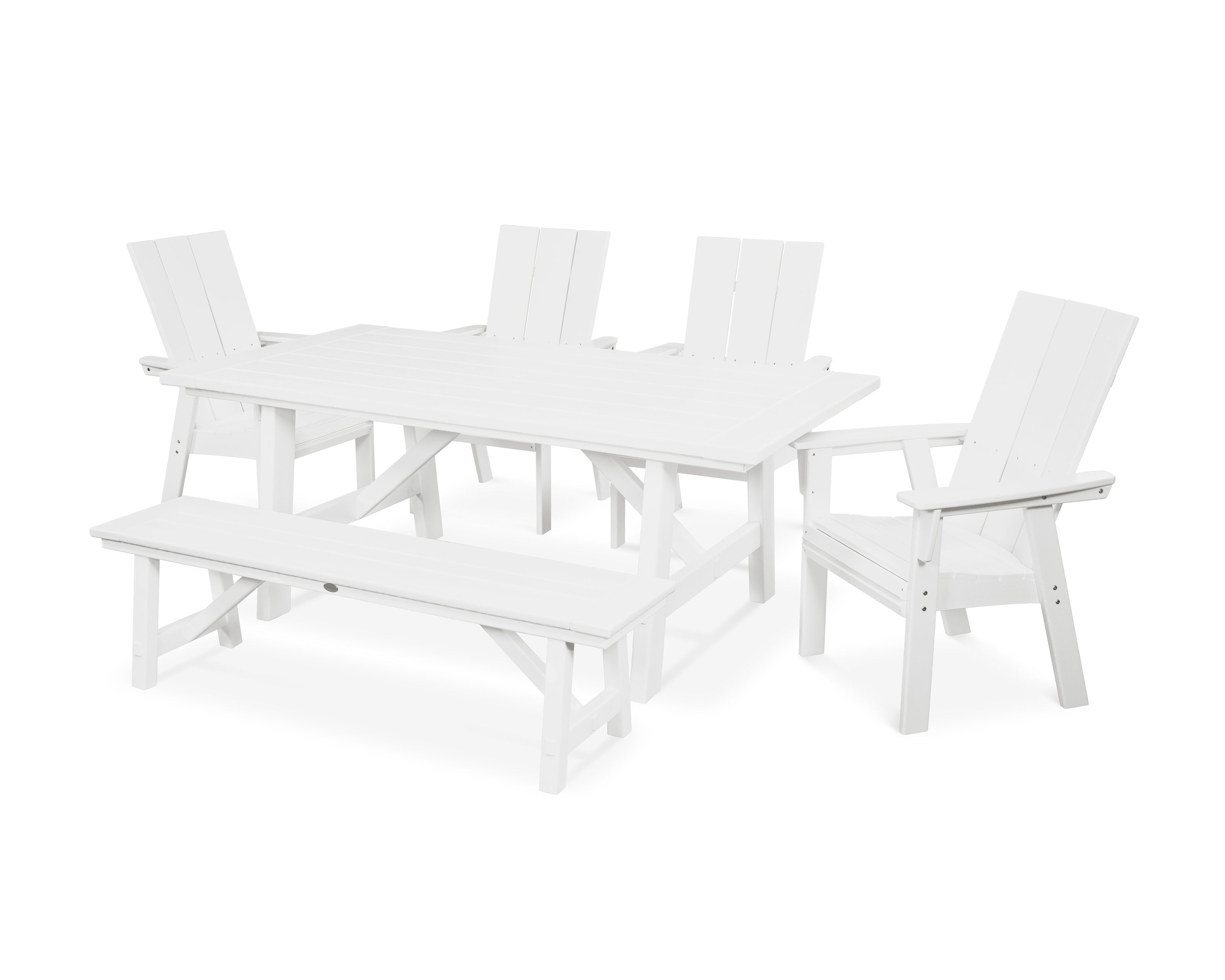 Modern Curveback Adirondack 6-Piece Rustic Farmhouse Dining Set with Bench in White