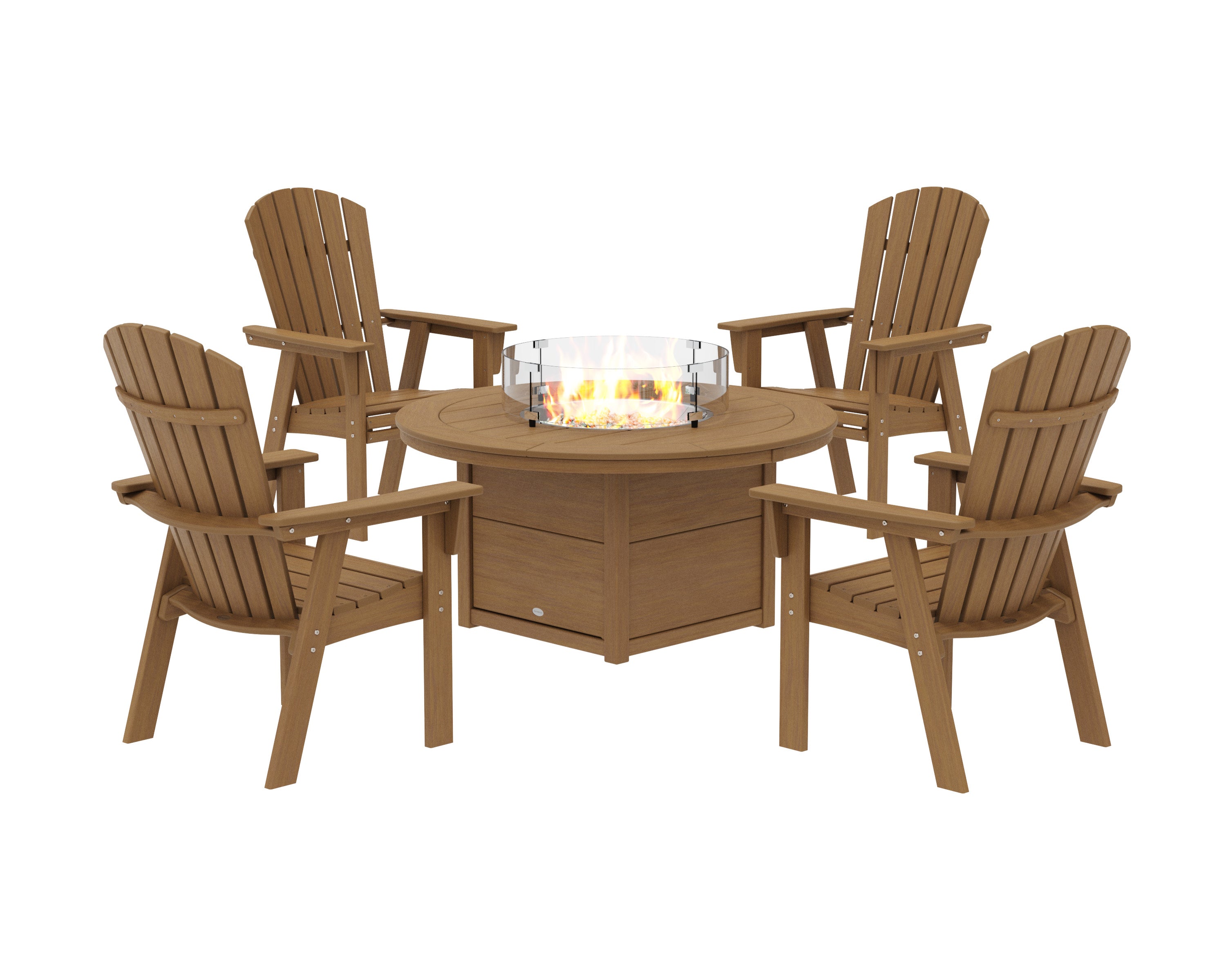 Nautical 4-Piece Curveback Upright Adirondack Conversation Set with Fire Pit Table in Natural