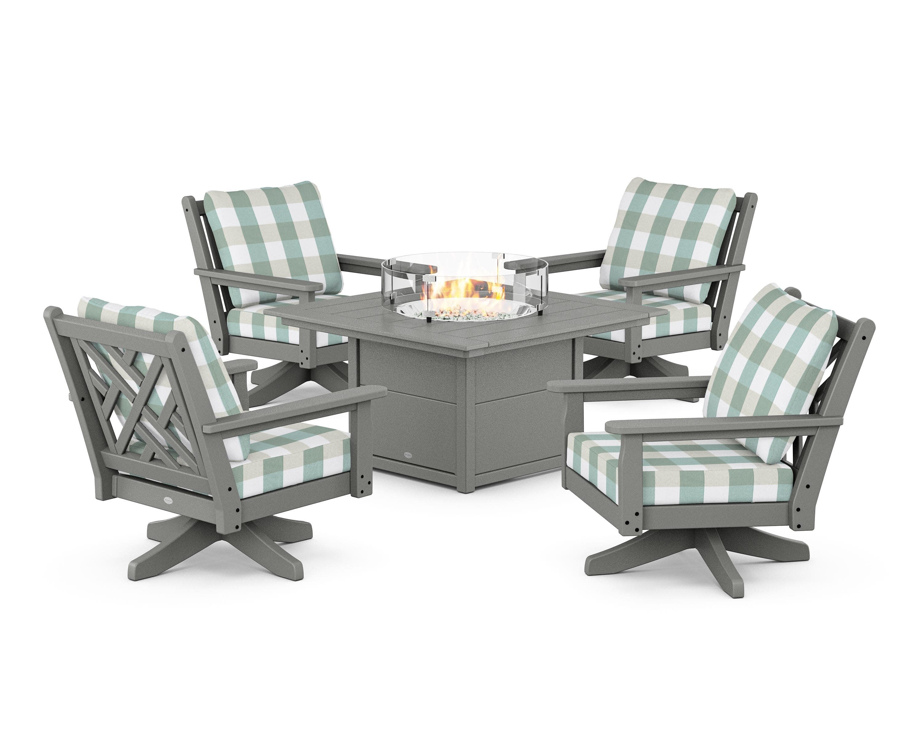 Chippendale 5-Piece Deep Seating Swivel Conversation Set with Fire Pit Table in Slate Grey / Buffalo Plaid Glacier Spa