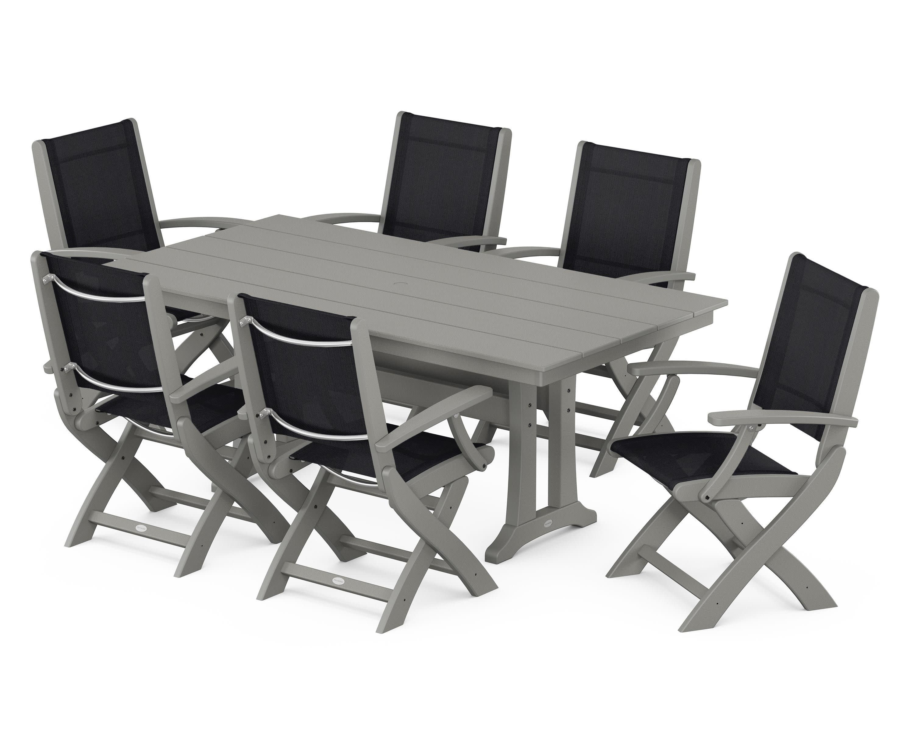 Coastal Folding Arm Chair 7-Piece Farmhouse Dining Set with Trestle Legs in Slate Grey / Black Sling