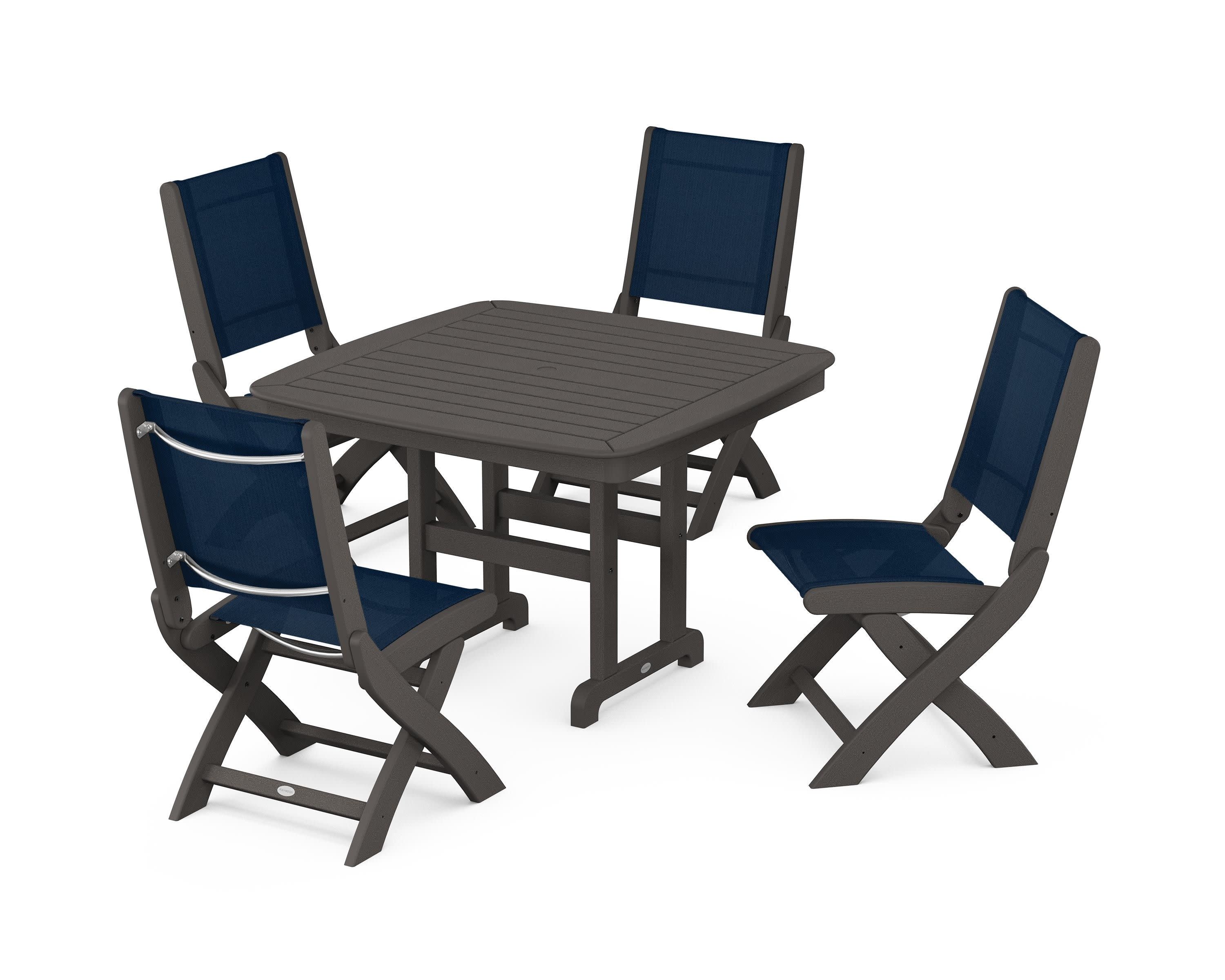 Coastal Folding Side Chair 5-Piece Dining Set in Vintage Coffee / Navy Blue Sling