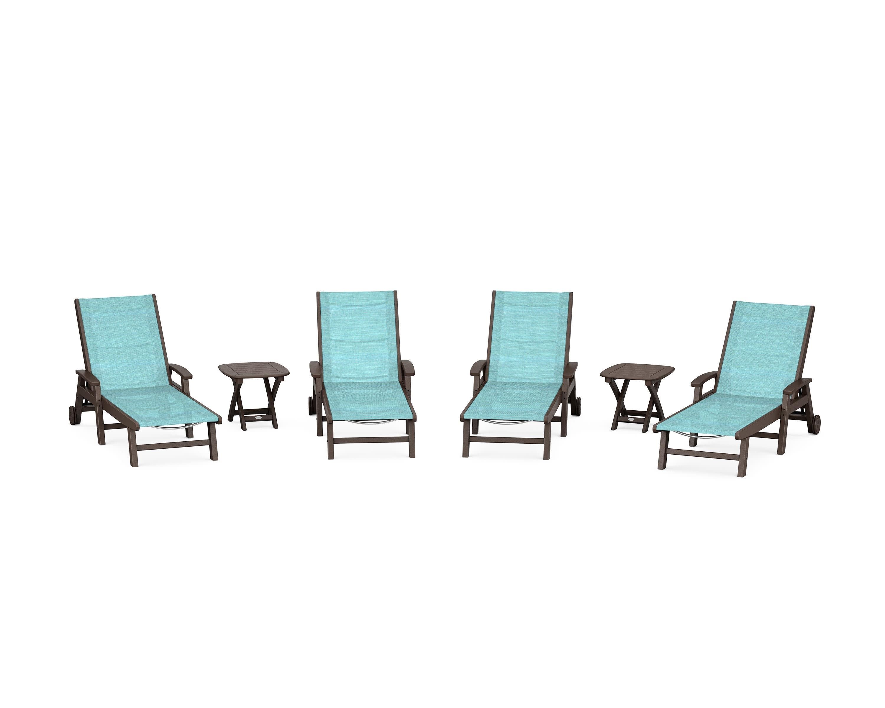 Coastal Chaise 6-Piece Set with Wheels in Mahogany / Dupioni Aquamarine Sling