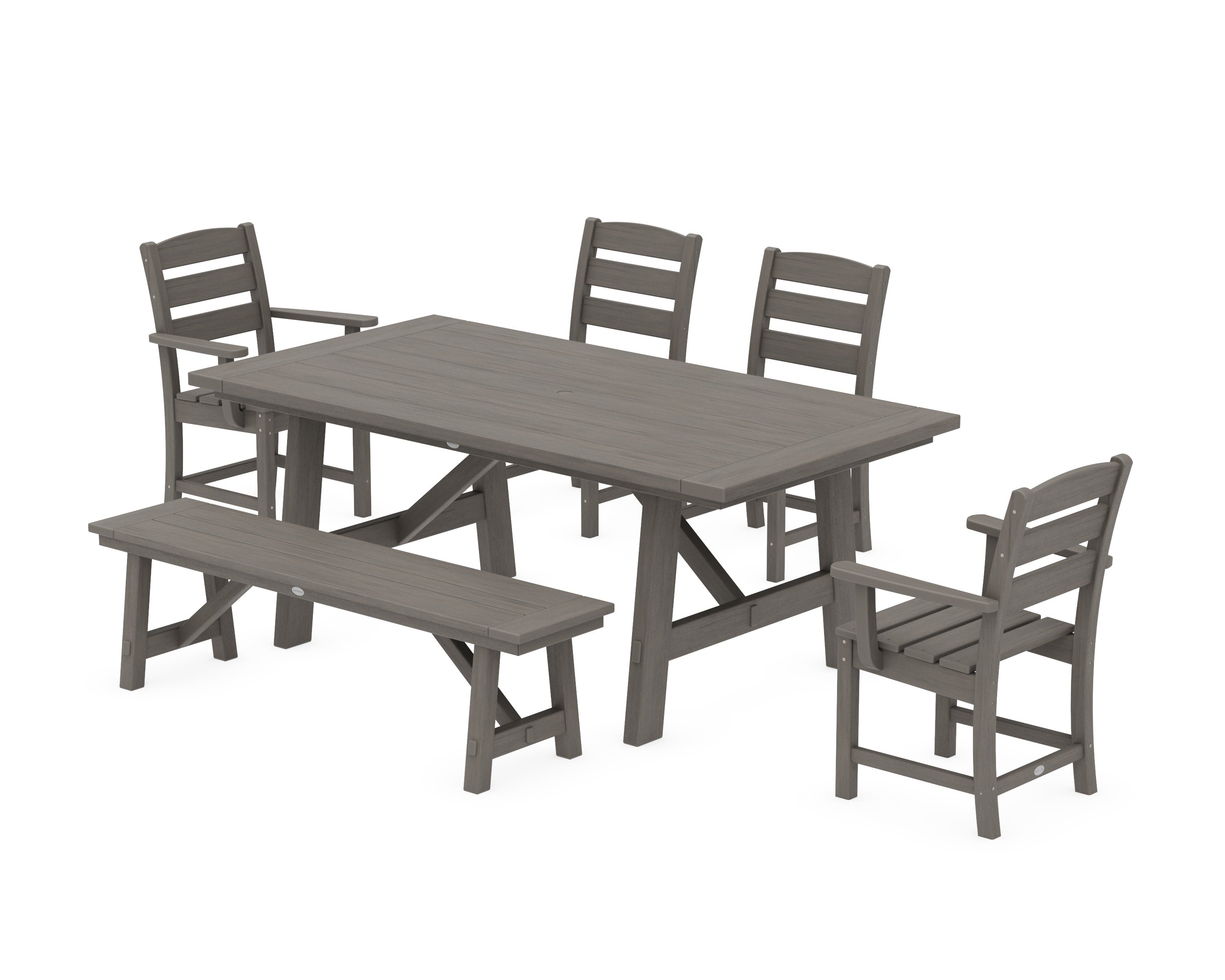 Lakeside 6-Piece Rustic Farmhouse Dining Set With Bench in Driftwood