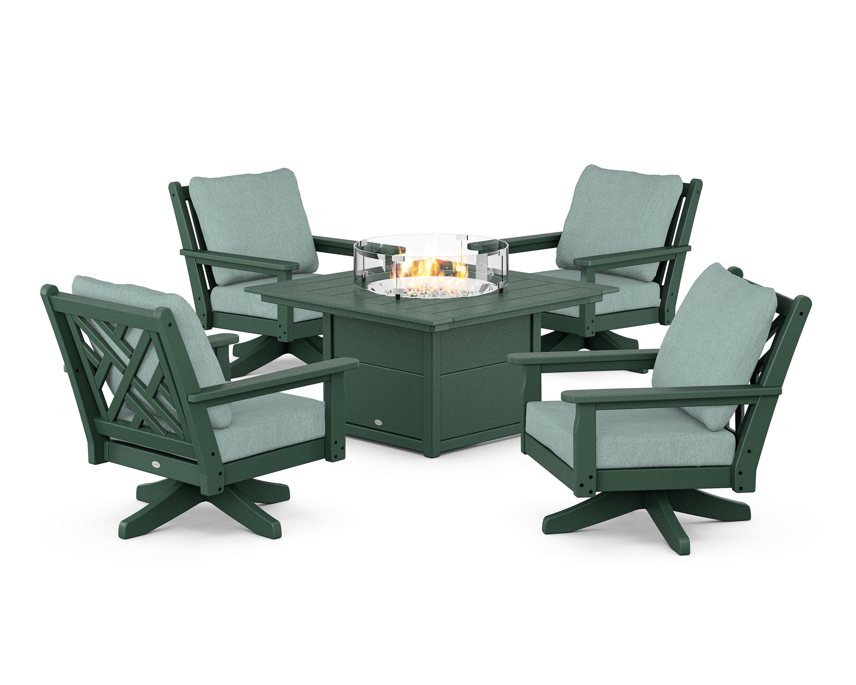 Chippendale 5-Piece Deep Seating Swivel Conversation Set with Fire Pit Table in Green / Glacier Spa