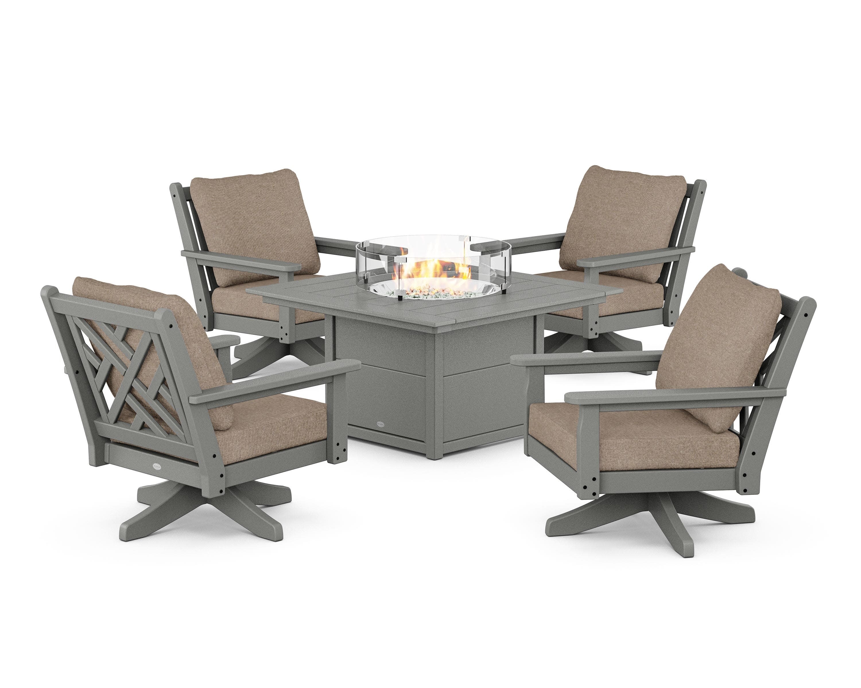 Chippendale 5-Piece Deep Seating Swivel Conversation Set with Fire Pit Table in Slate Grey / Spiced Burlap
