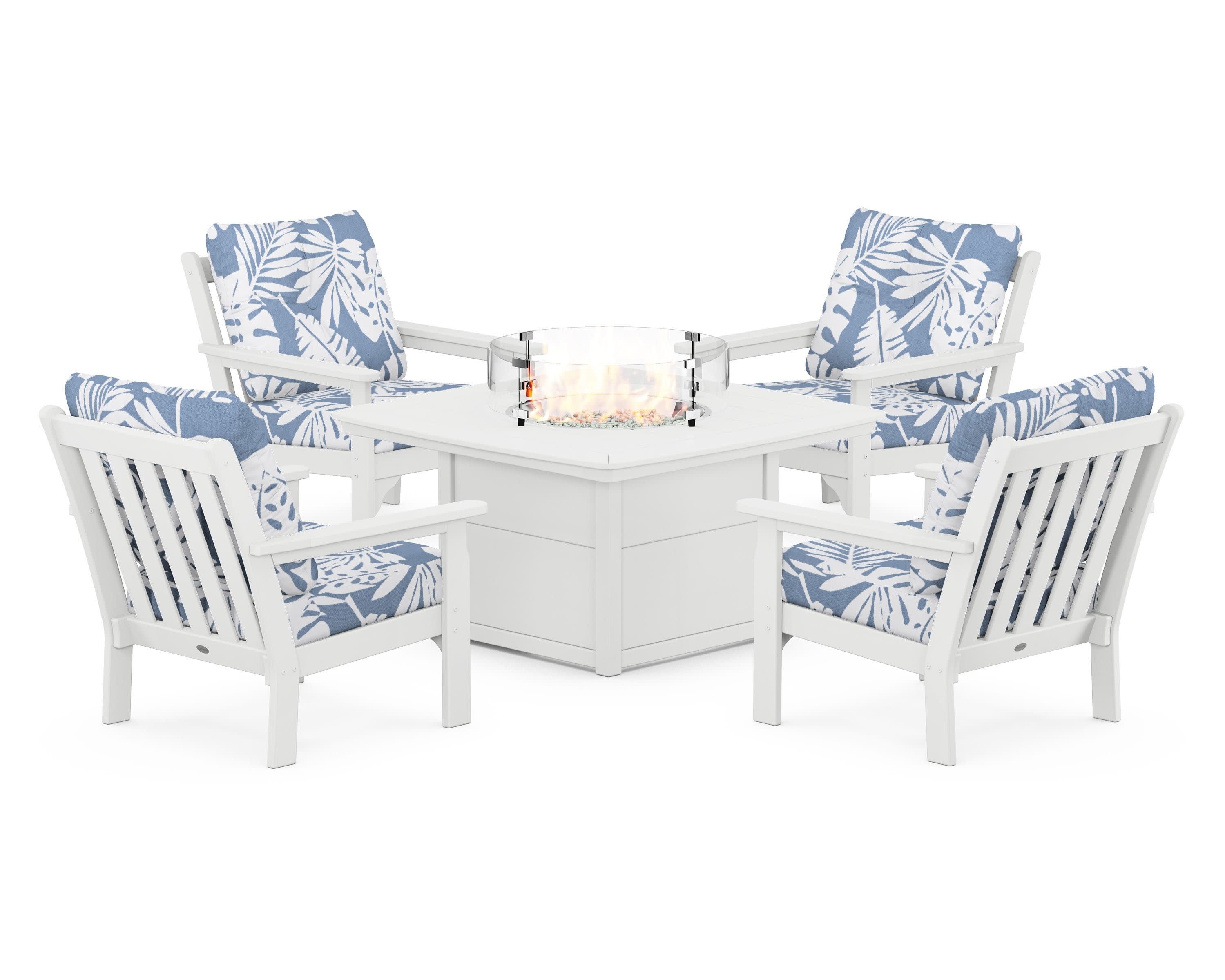 Vineyard 5-Piece Conversation Set with Fire Pit Table in White / Leaf Sky Blue