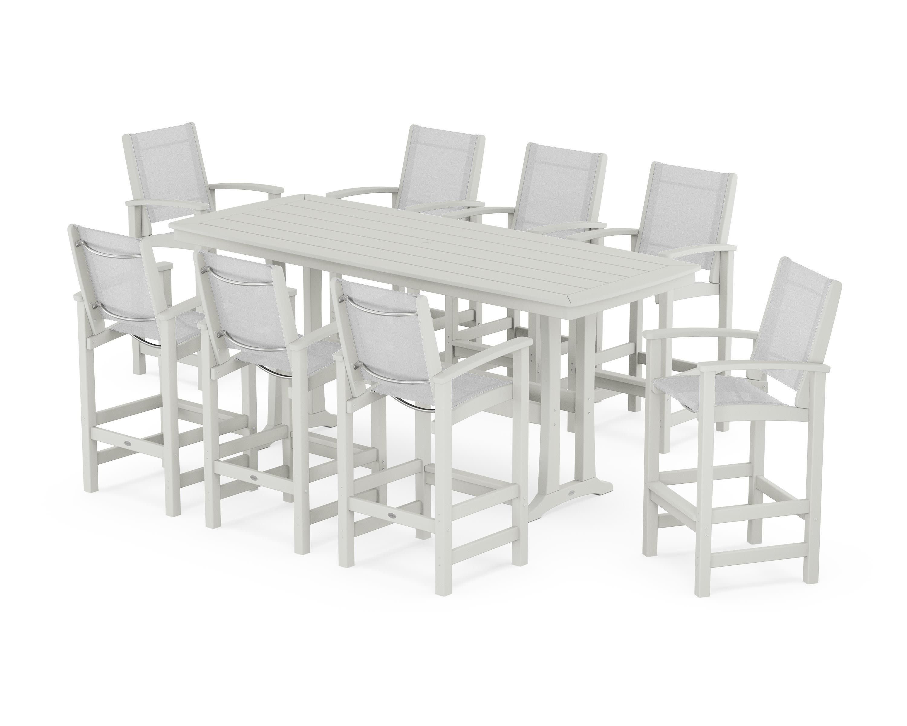 Coastal 9-Piece Bar Set with Trestle Legs in Vintage White / White Sling