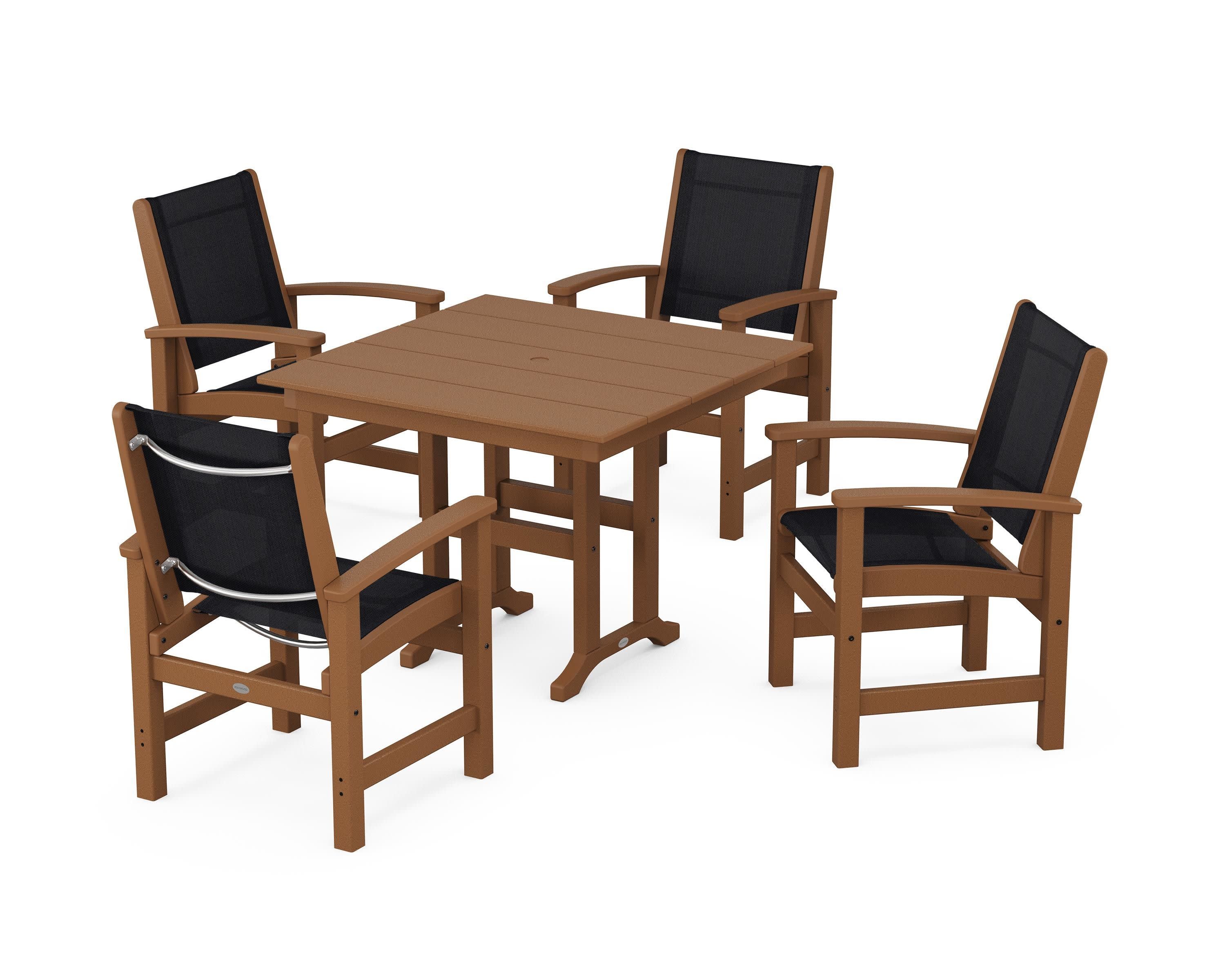 Coastal 5-Piece Farmhouse Dining Set in Teak / Black Sling
