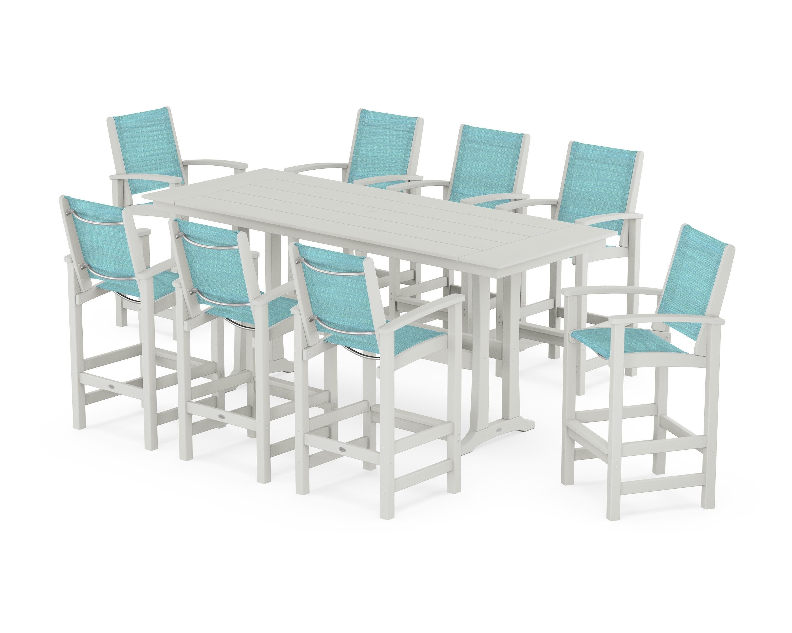 Coastal 9-Piece Farmhouse Bar Set with Trestle Legs in Vintage White / Dupioni Aquamarine Sling
