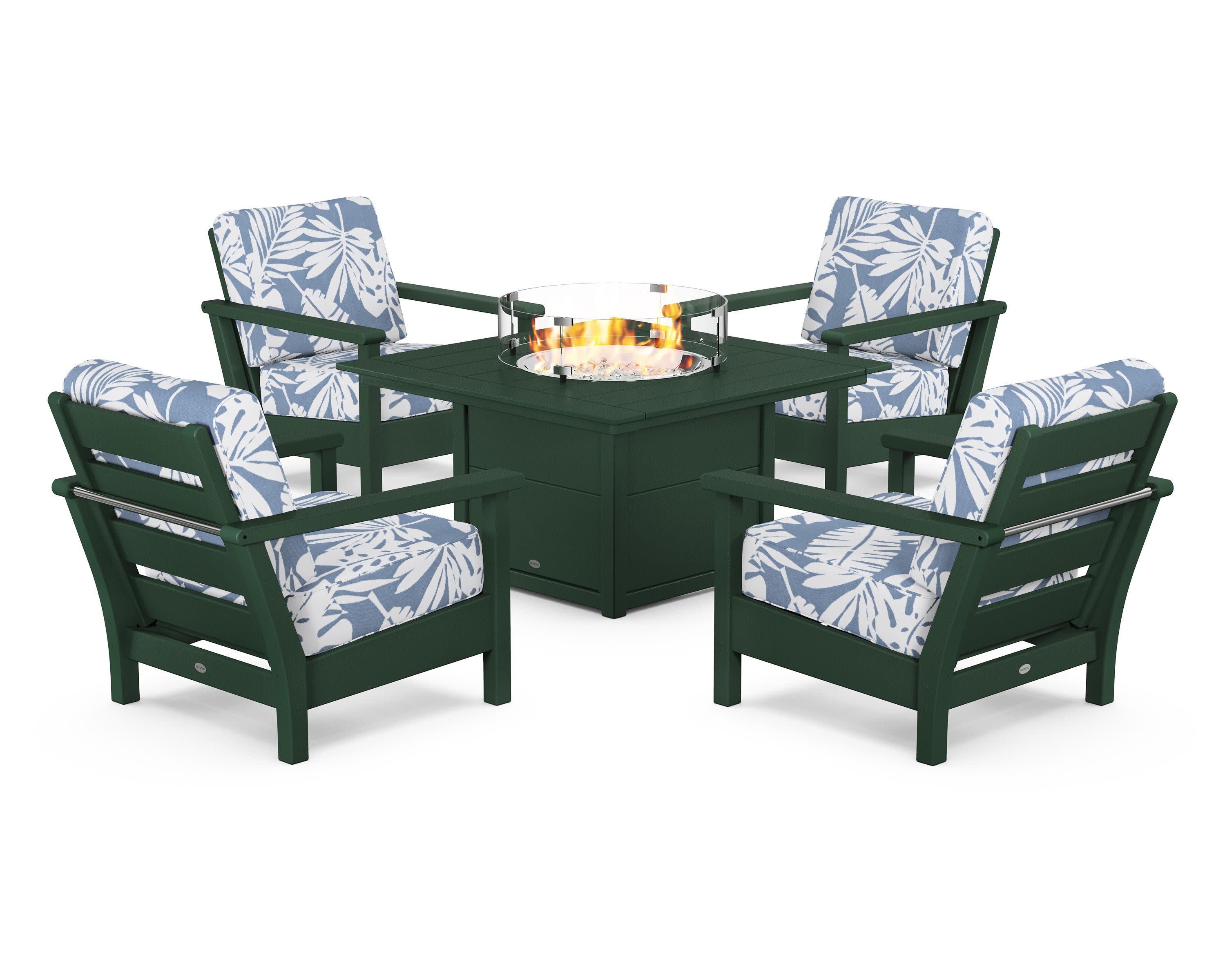 Harbour 5-Piece Conversation Set with Fire Pit Table in Green / Leaf Sky Blue