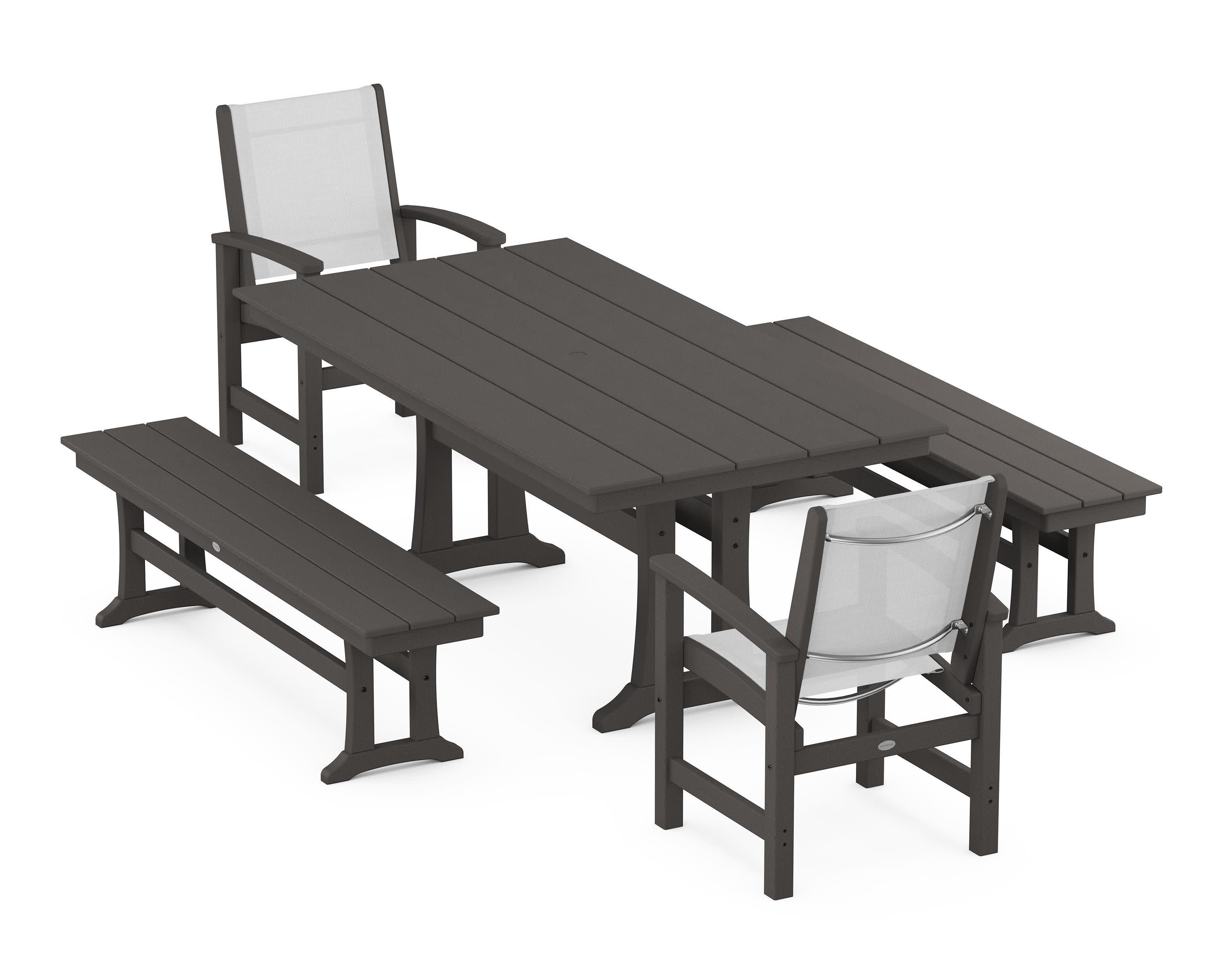 Coastal 5-Piece Farmhouse Dining Set with Trestle Legs and Benches in Vintage Coffee / White Sling