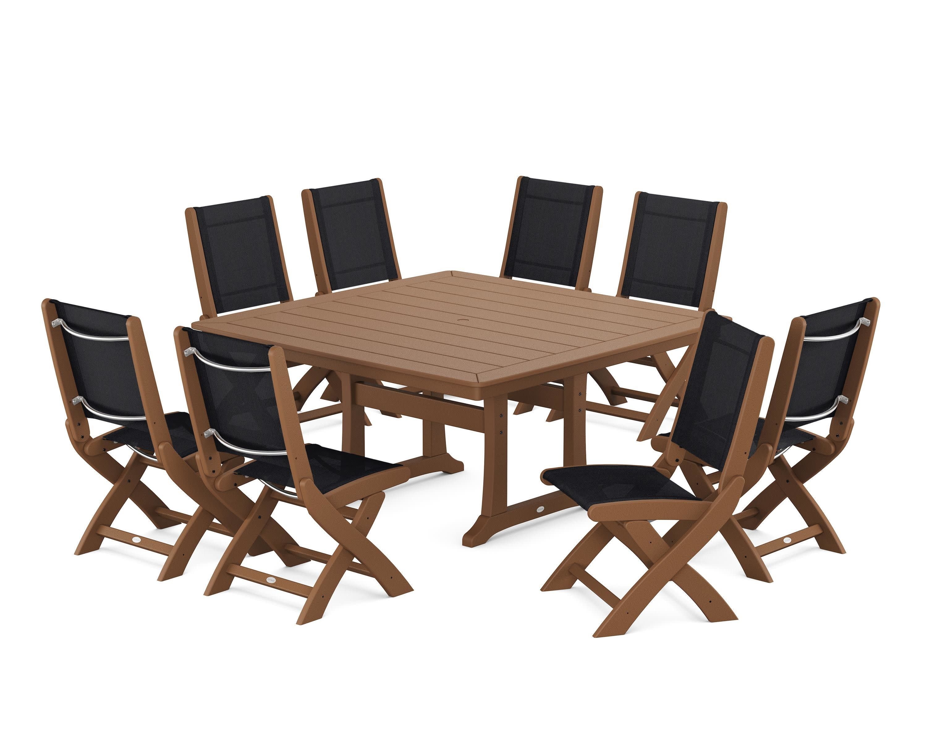 Coastal Folding Side Chair 9-Piece Dining Set with Trestle Legs in Teak / Black Sling