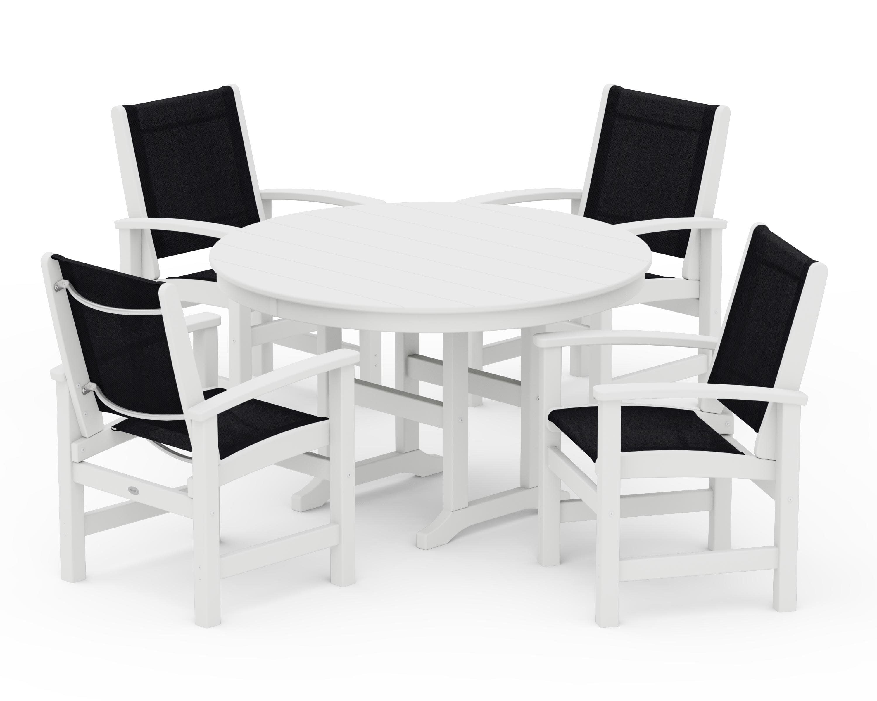 Coastal 5-Piece Round Farmhouse Dining Set in White / Black Sling